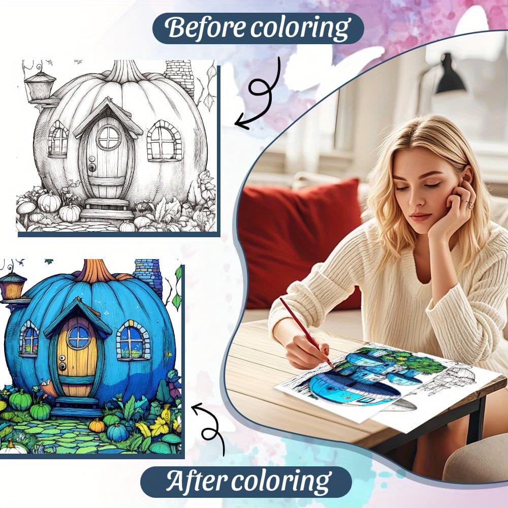 Set livre de coloriage Cottage magique et maison citrouille