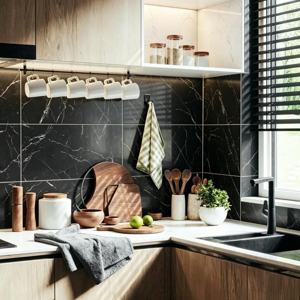 Lote de 10 adhesivos para azulejos 30 x 60 cm mármol negro