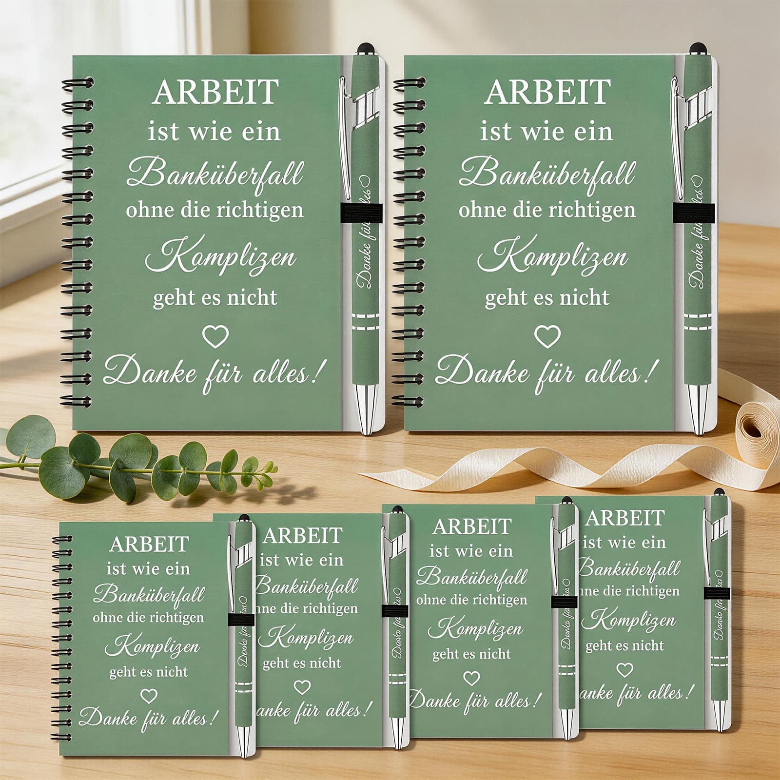 Salbeigrünes Notizbuch-Set, 6-teilig, mit Stiften