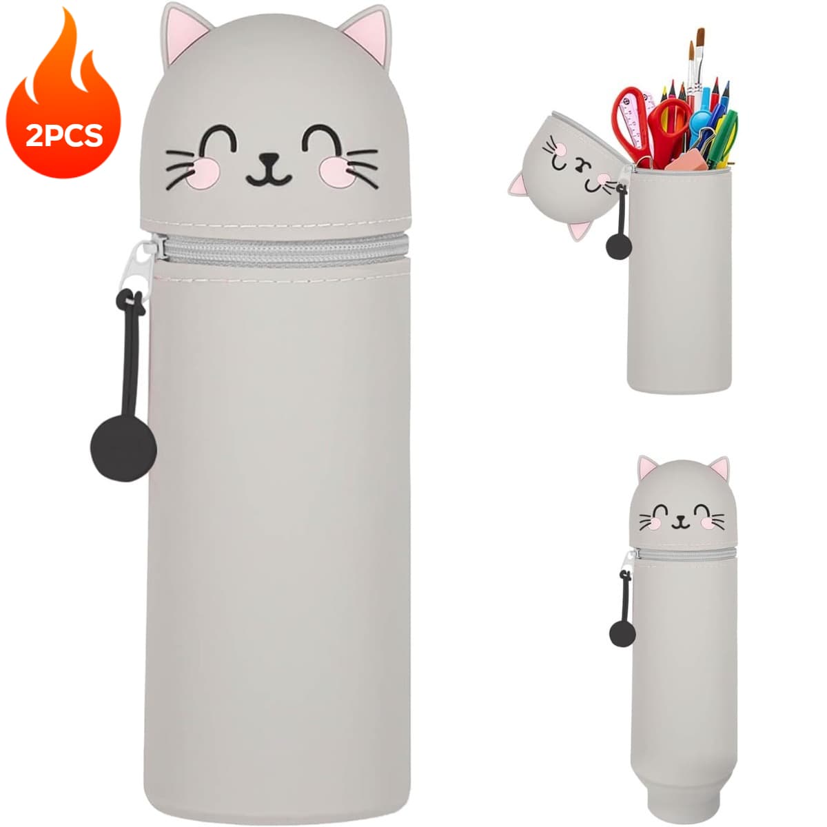 2-in-1 Katzen-Federmäppchen, 2er-Set, Silikon