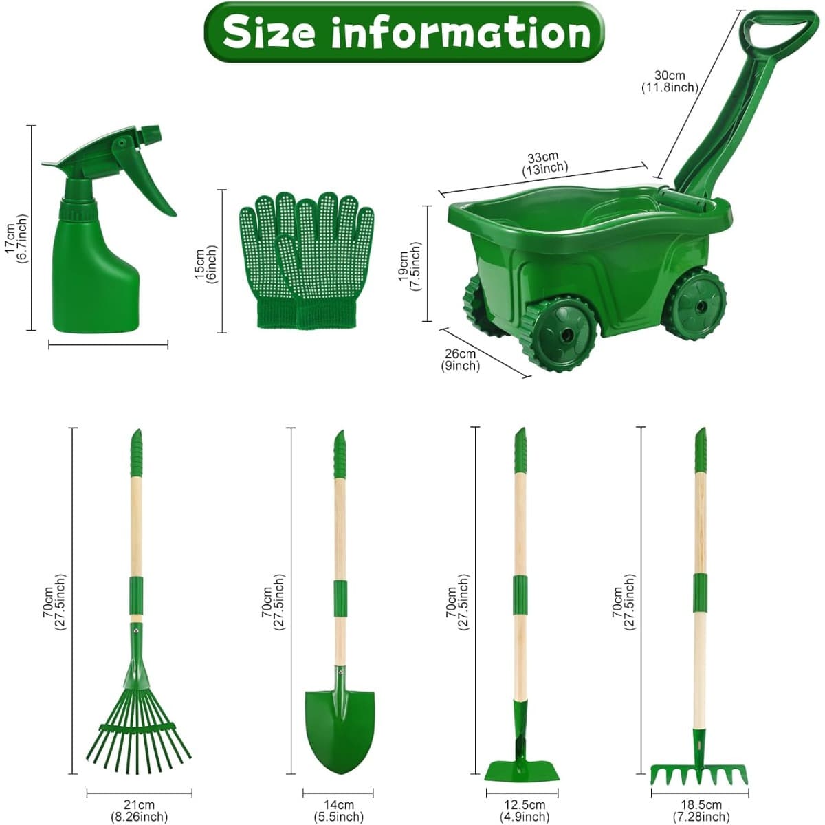 7-teiliges Gartenwerkzeug-Set grün mit Hacke & Gartenwagen