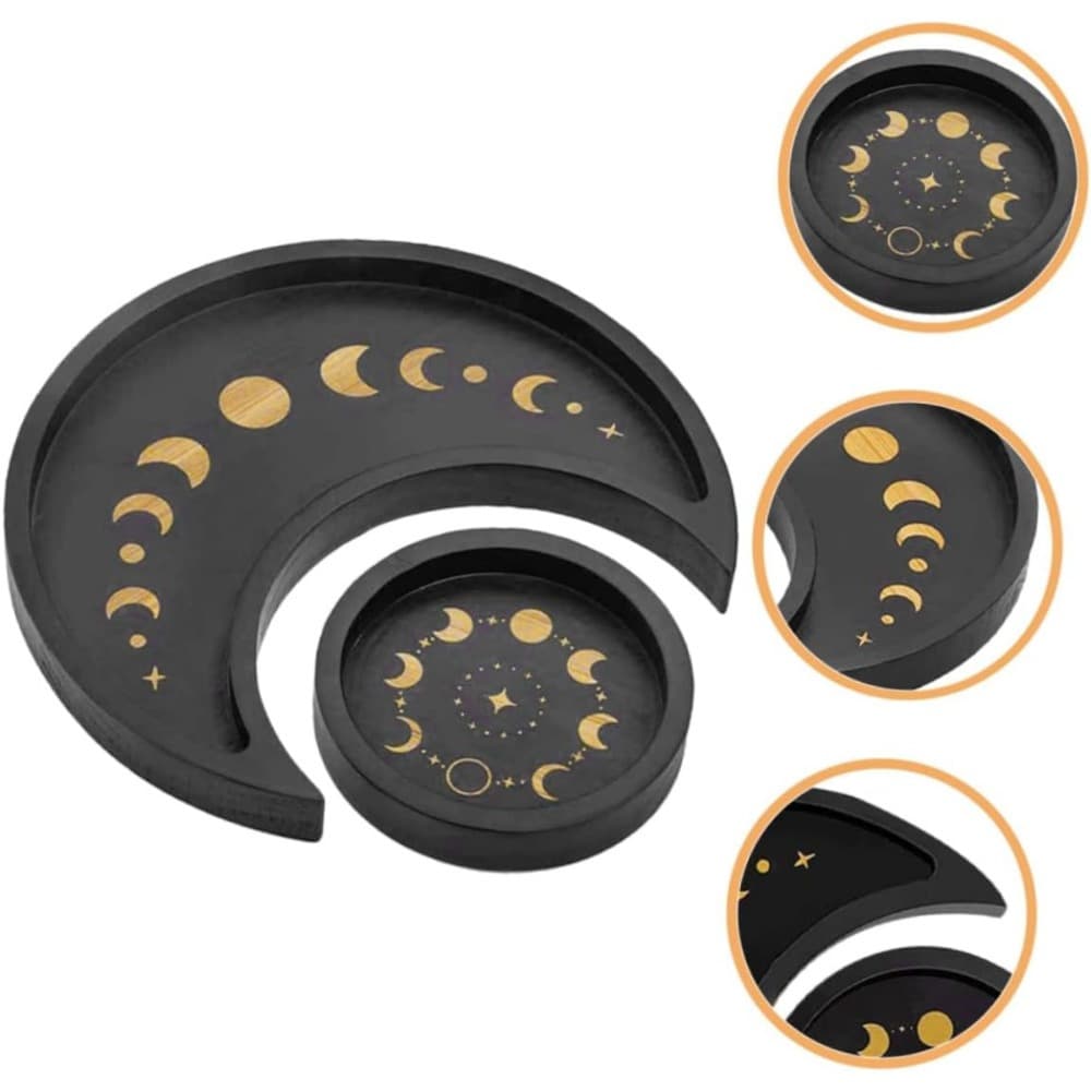 Set of 2 Black Wooden Moon Trays: Half-Moon & Full-Moon
