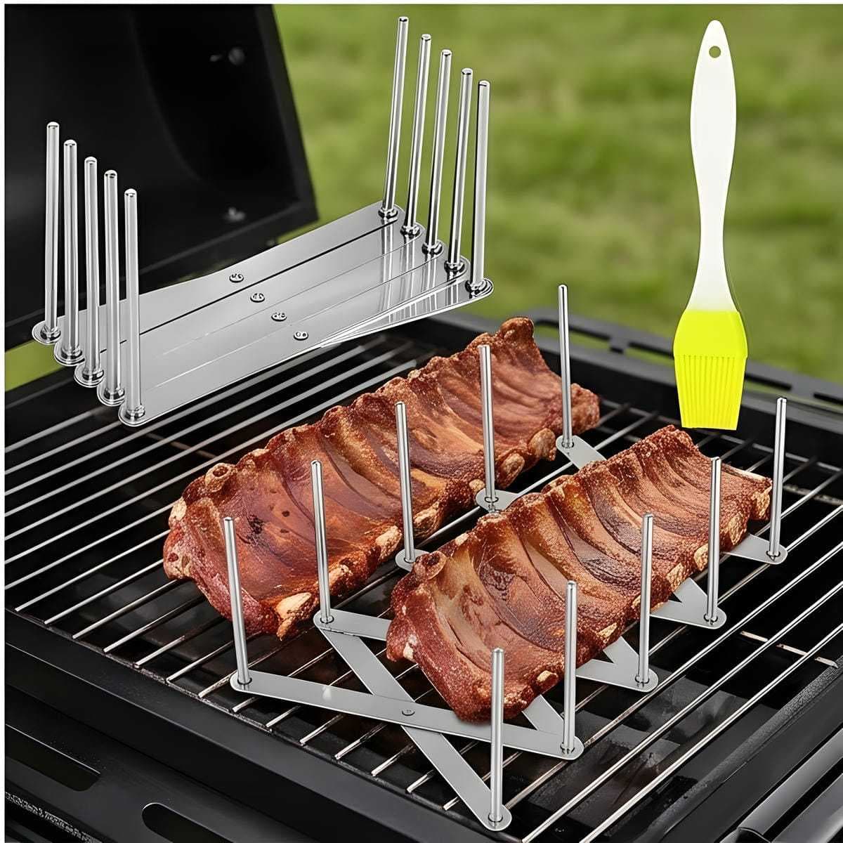 Set di accessori per grill con pennello in silicone verde e 2 supporti per costine