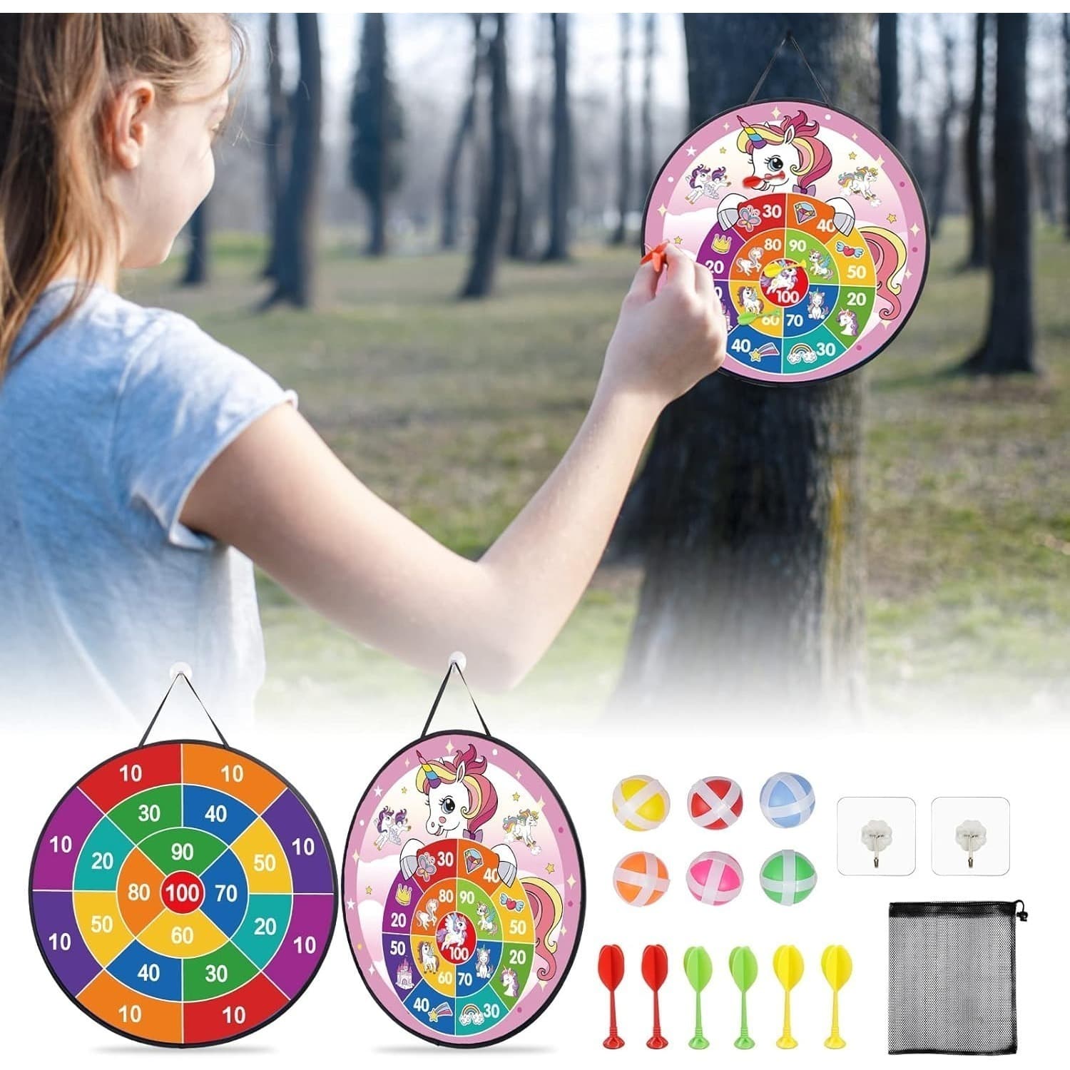-Cadeaux de fête : Cible de fléchettes couleur licorne avec velcro, jeu de fléchettes, 66 cm, jeu pliable double face en velcro avec 6 balles collantes