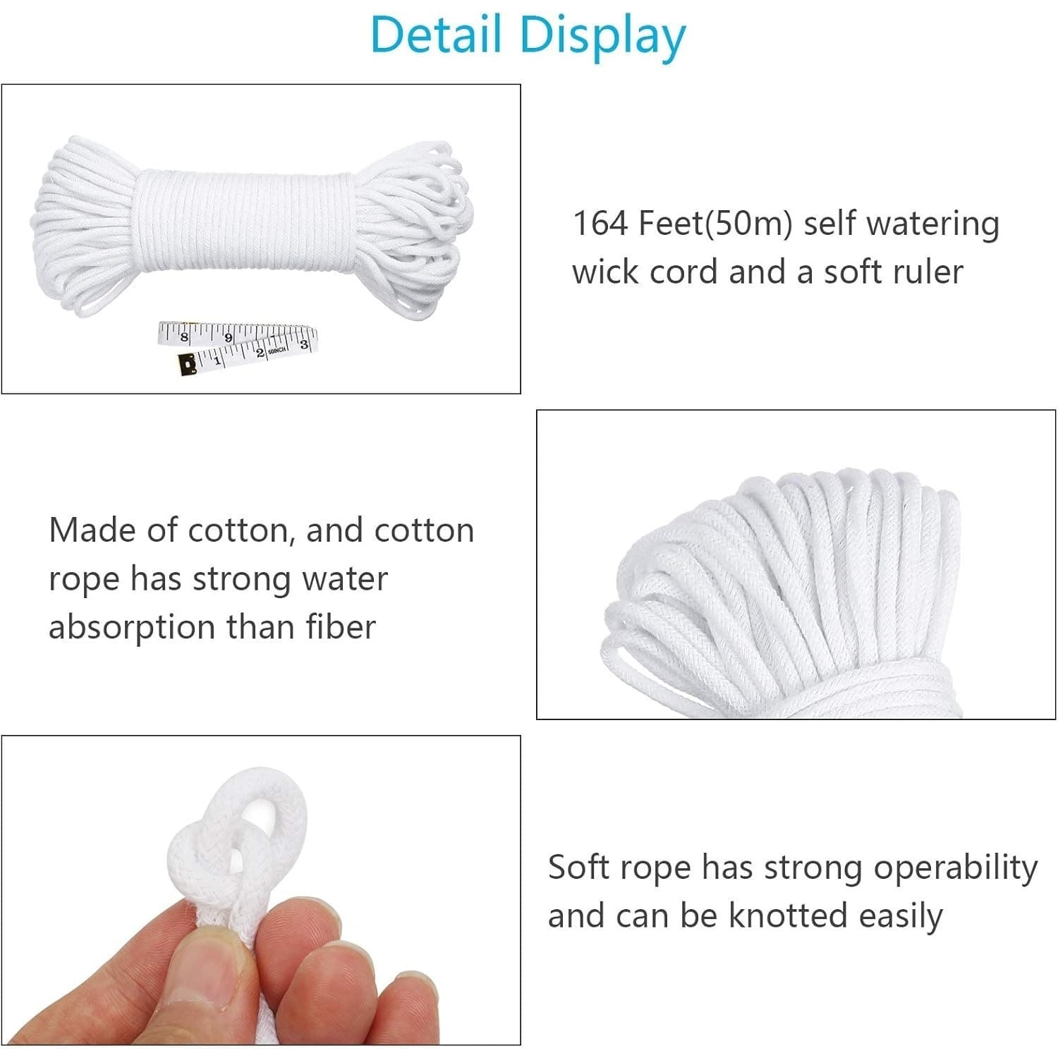 Kit per irrigazione a stoppino auto-irrigante, corda per irrigazione da 50 m + 1 metro a nastro, kit pratico per l'irrigazione per una distribuzione uniforme dell'acqua in