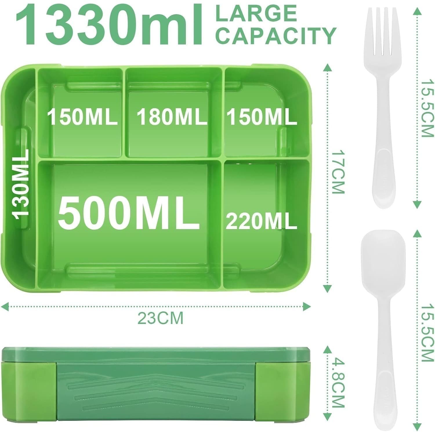 Boîte à lunch verte compartimentée, 1300 ml, bento étanche