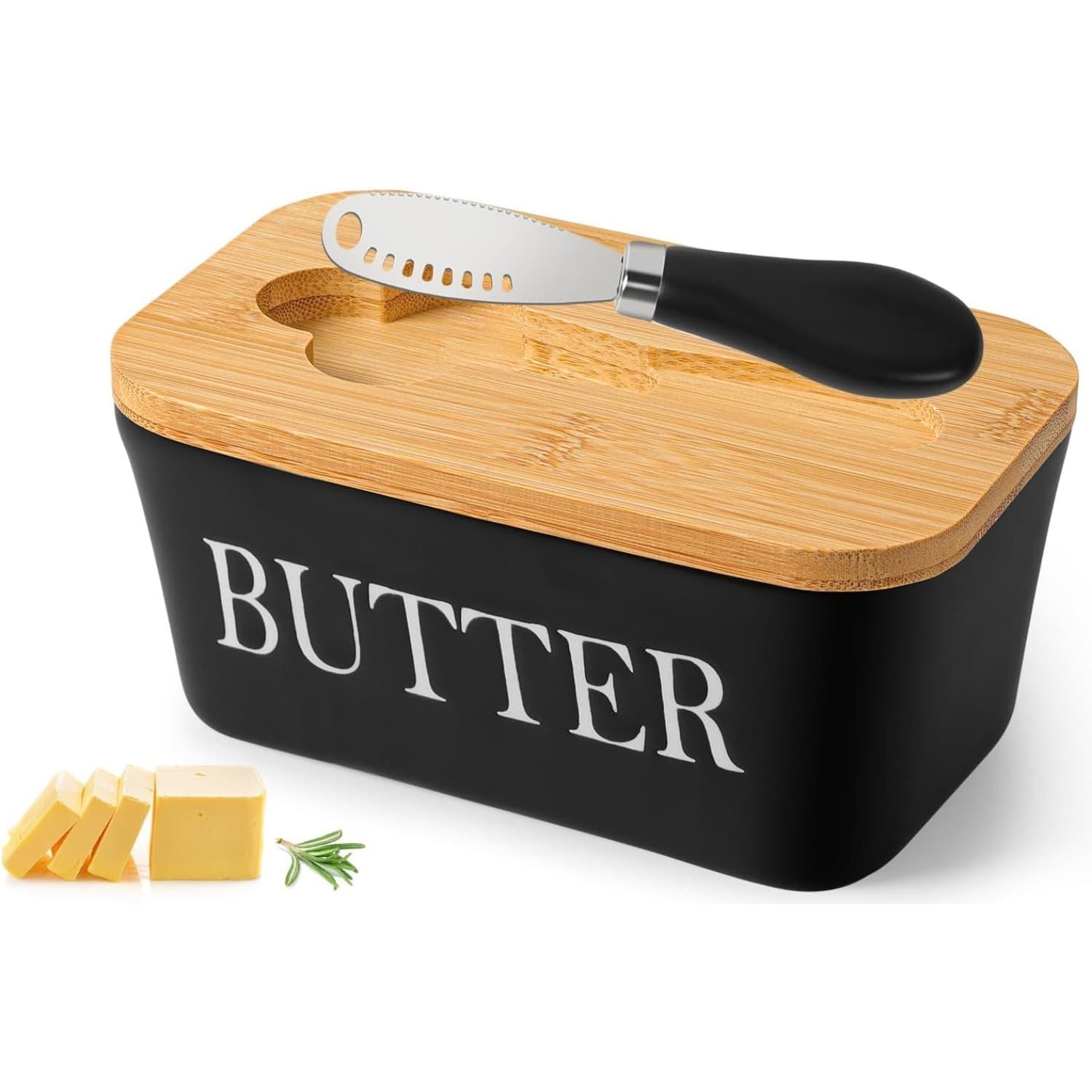 Ceramic Butter Dish with Wooden Lid and Butter Knife