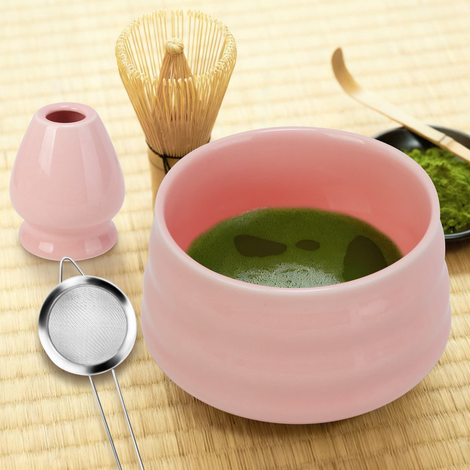 Set matcha 5 pièces rose avec bol céramique