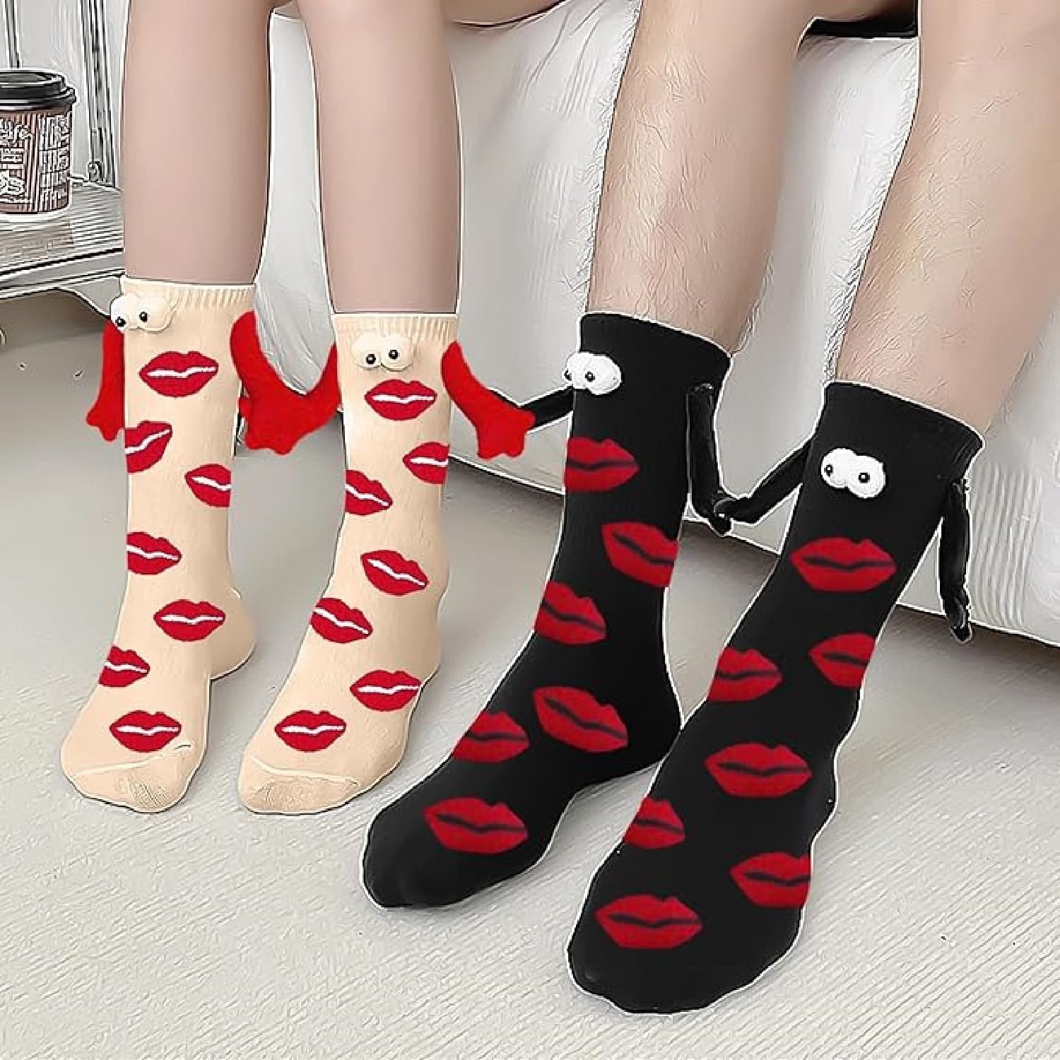 Lippen-Socken im 2er-Paar für Paare, Schwarz und Weiß