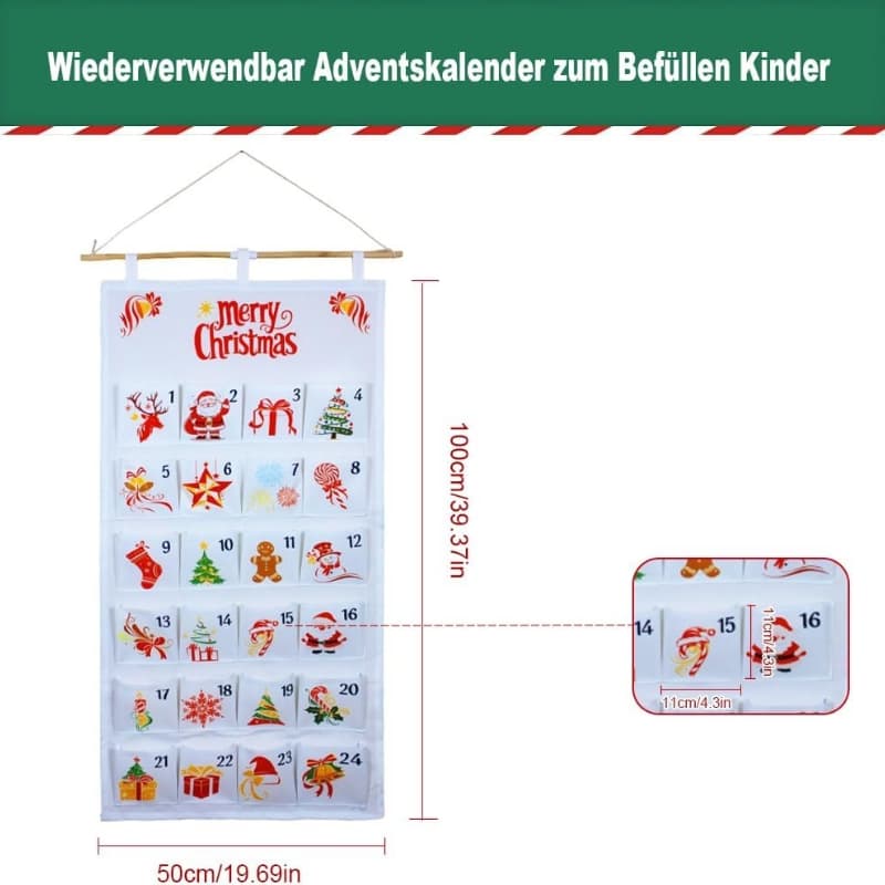 Weihnachtliche Wanddekoration mit 24 Aufhängetaschen
