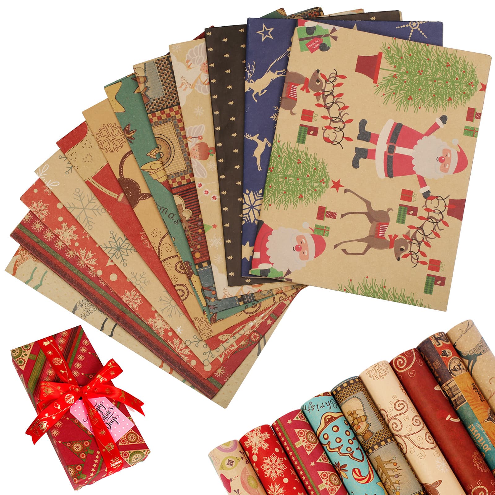 Weihnachts-Geschenkpapier-Set Kraftpapier 12 Blatt