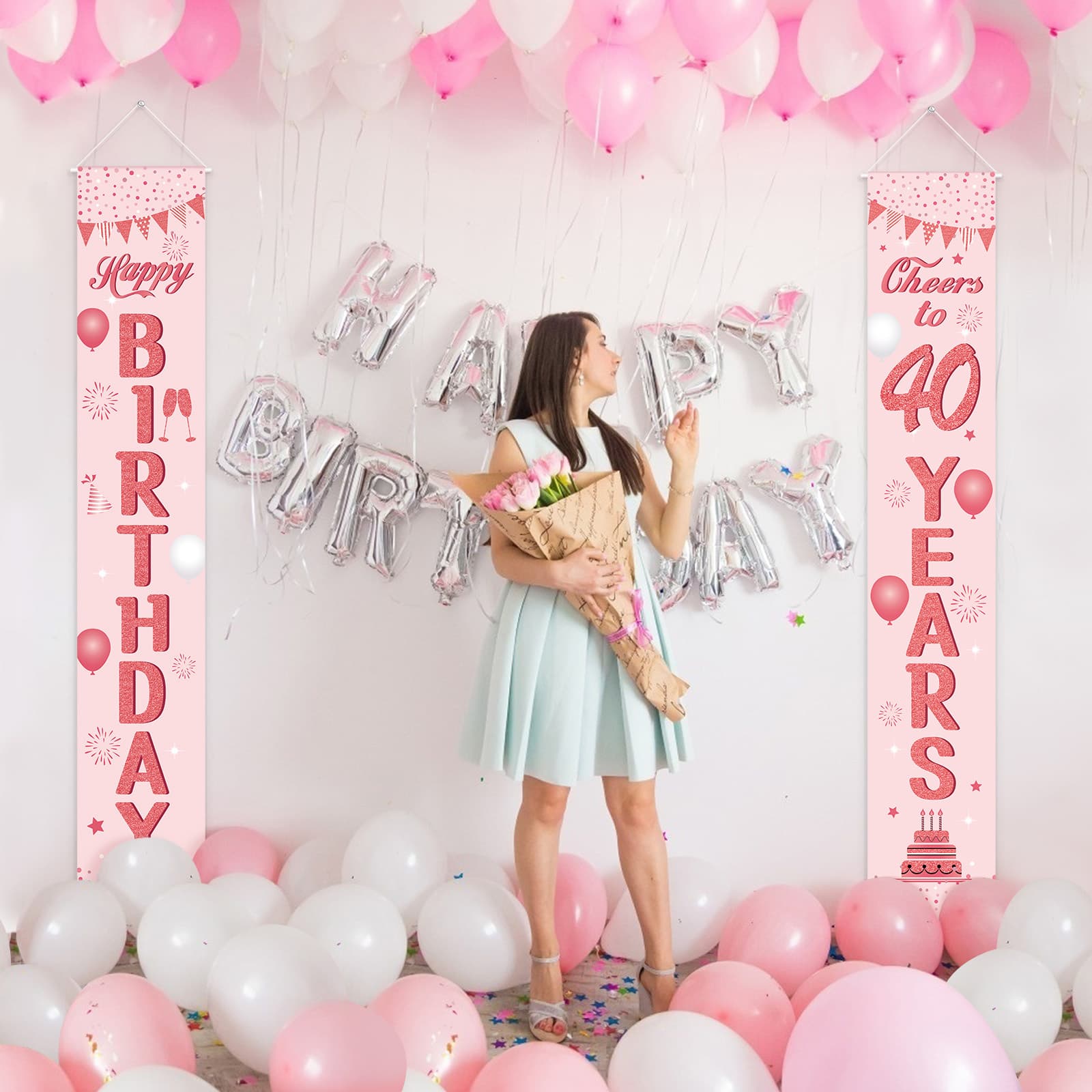 40. Geburtstag Banner-Set mit Rosen-Gold-Vorhang