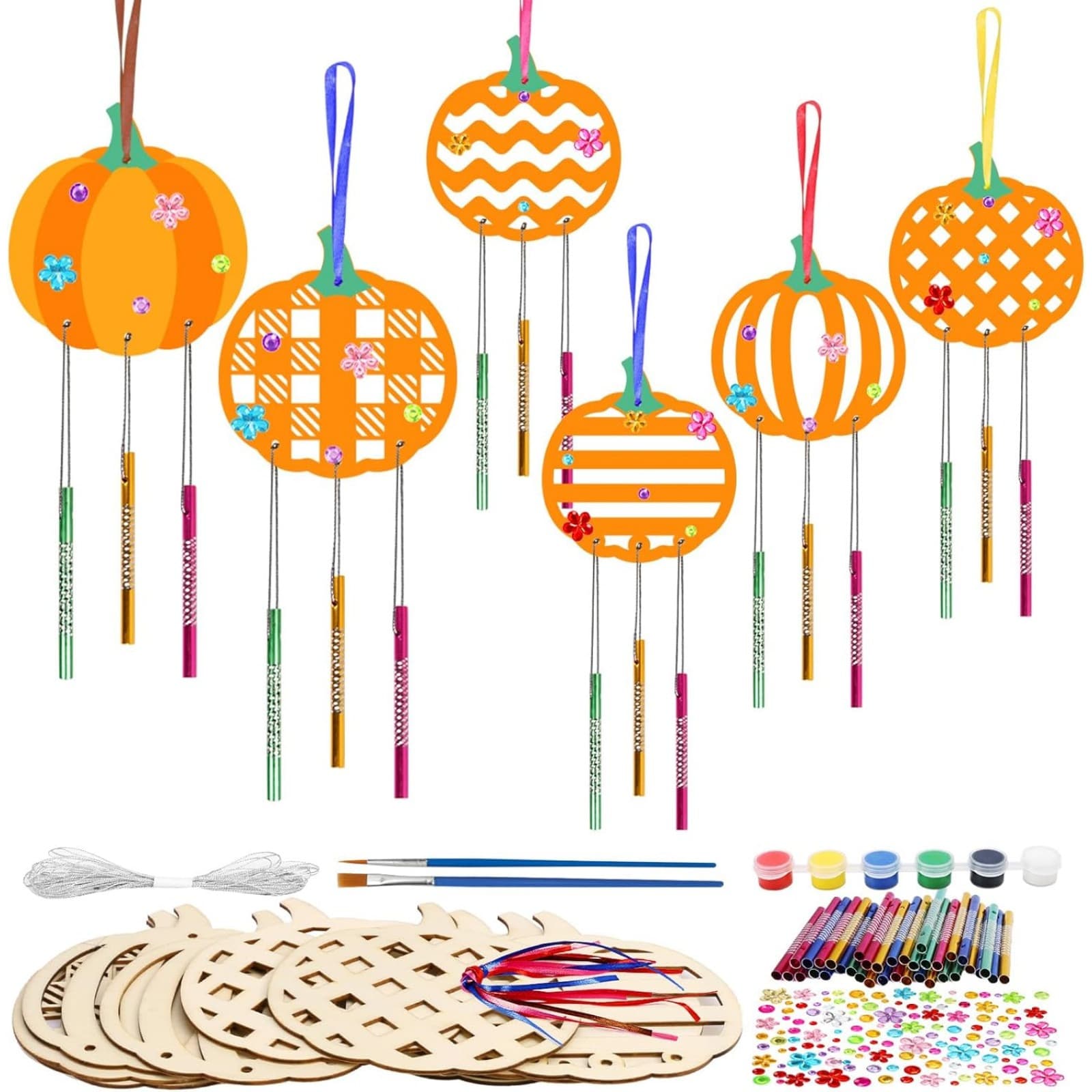 Kit de bricolage de citrouille d'Halloween avec 10 citrouilles en bois, 30 tubes de carillon éolien, peinture et paillettes ; bricolage créatif de carillon éolien