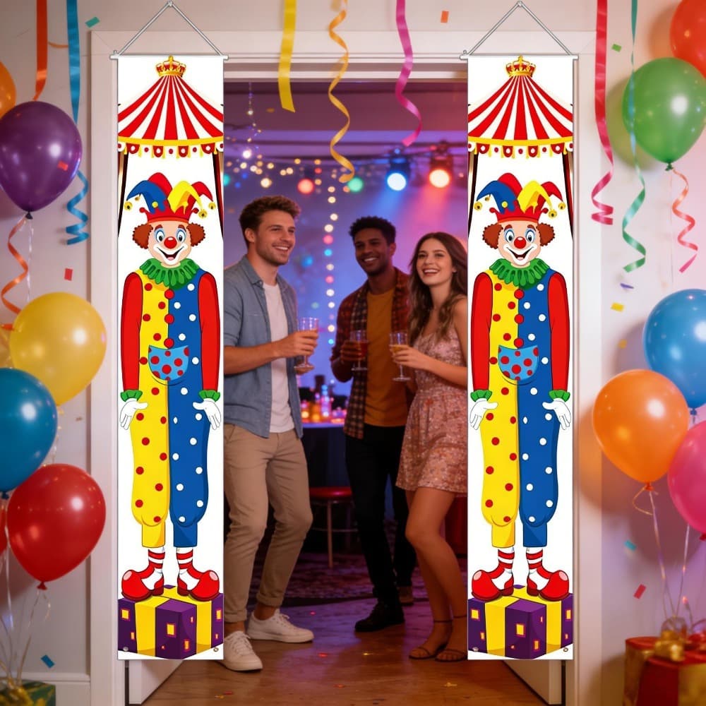 Weiße Clown-Türdeko für Karnevalspartys