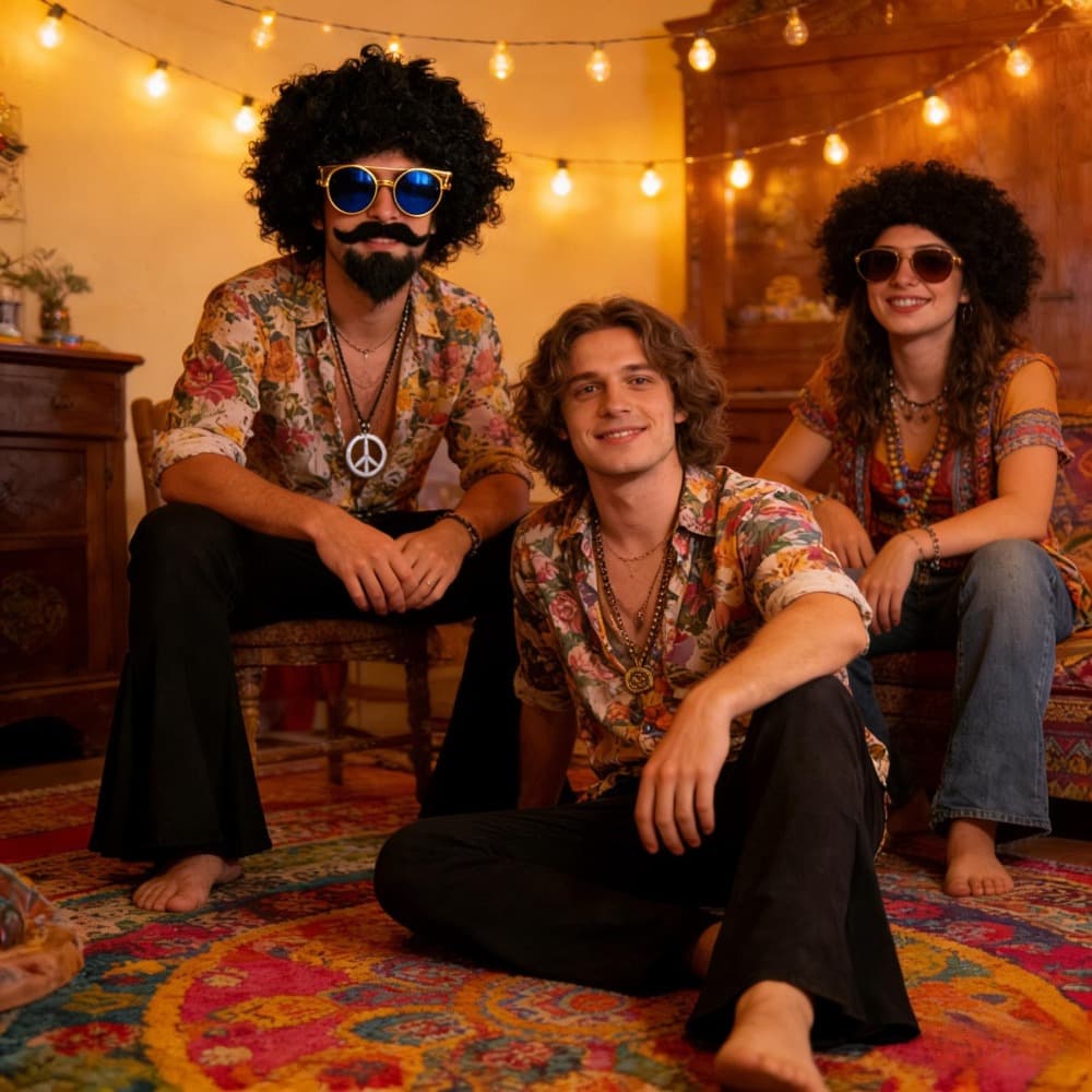 Hippie Kostüm-Set mit Afro-Perücke und Flower-Power Accessoires