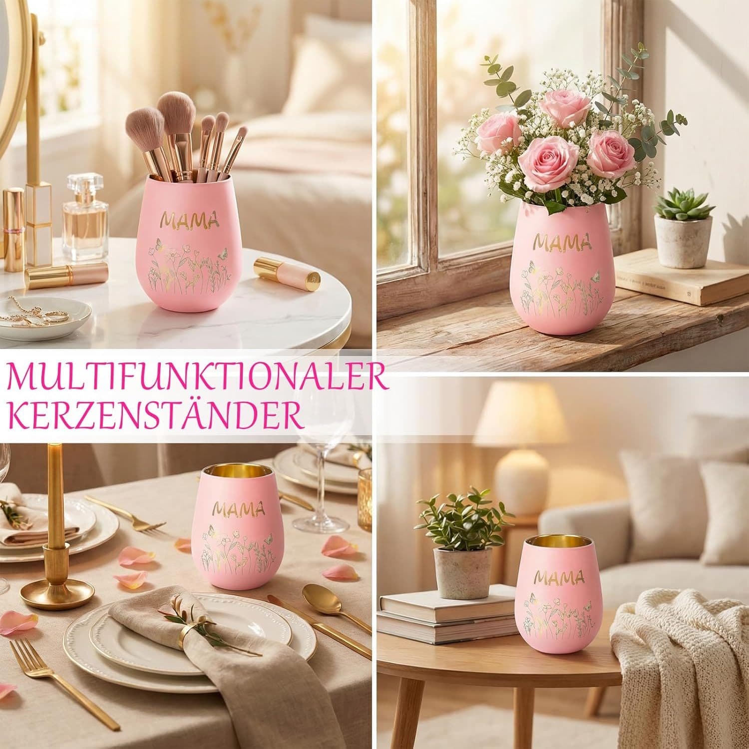 Rosa Glaslaterne als Kerzenhalter mit MAMA-Gravur