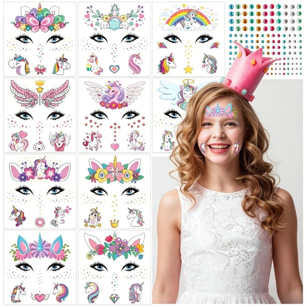 10 Unicorn Face Stickers with Glitter for Crafts
