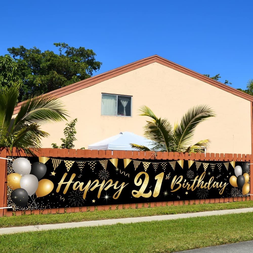 Großes schwarz-goldenes Banner zum 21. Geburtstag Gartenparty Deko