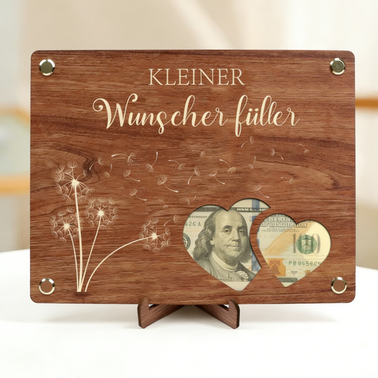 Holz-Geldgeschenkbox mit Löwenzahn-Motiv für Feiern