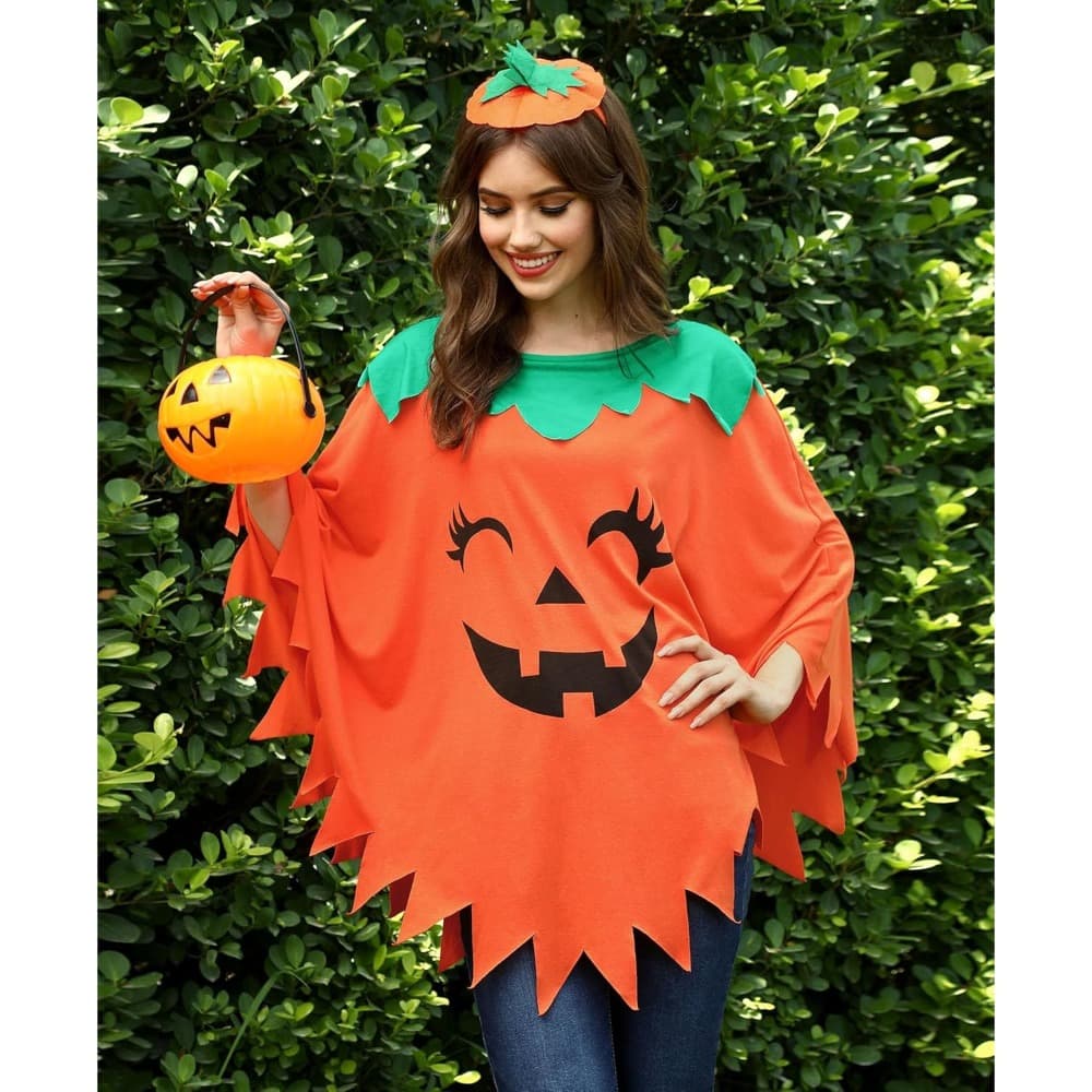 Halloween Umhang mit Kürbismotiv und Kopfschmuck für Damen