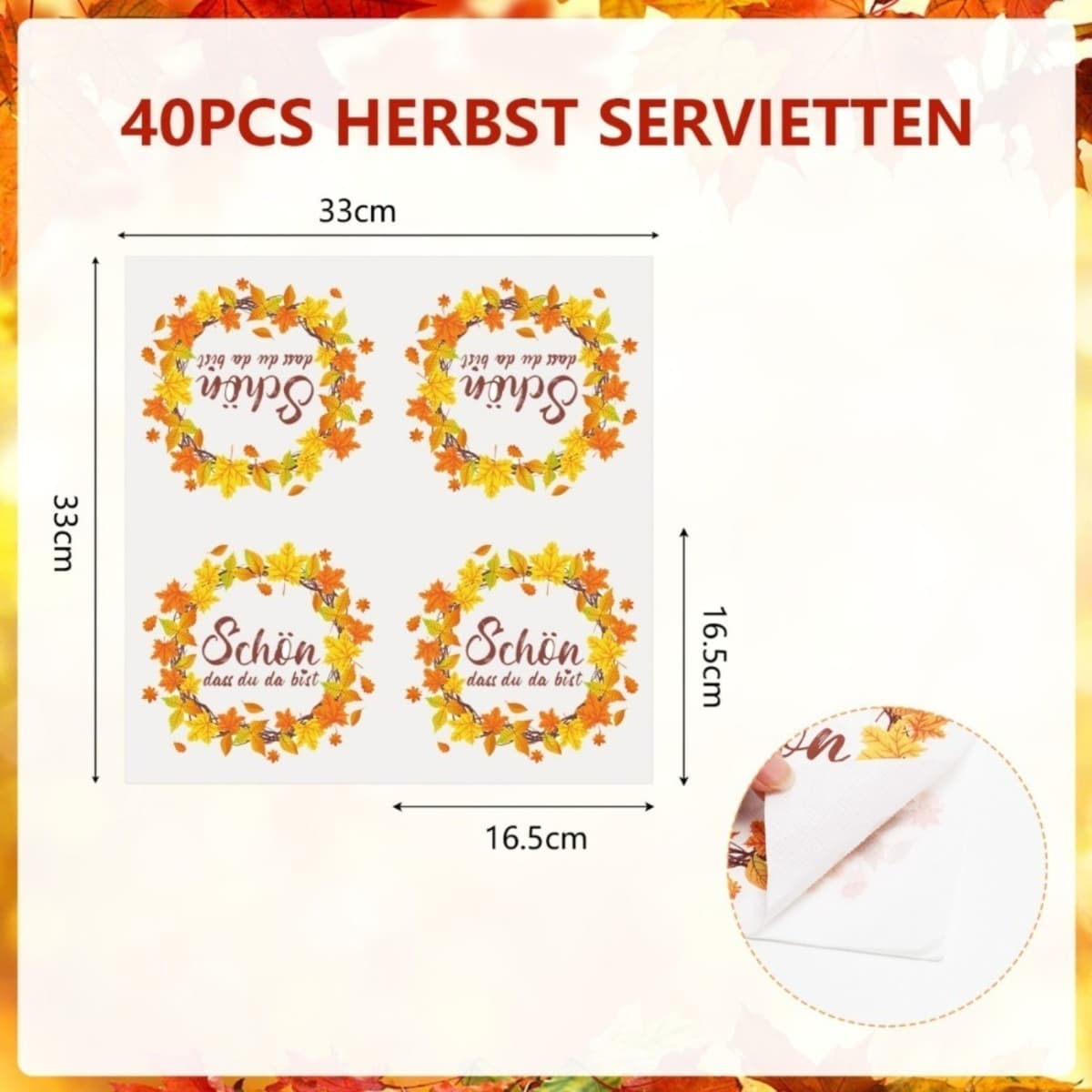 Herbstliche Servietten mit Ahornblatt und Glad You're Here Aufdruck