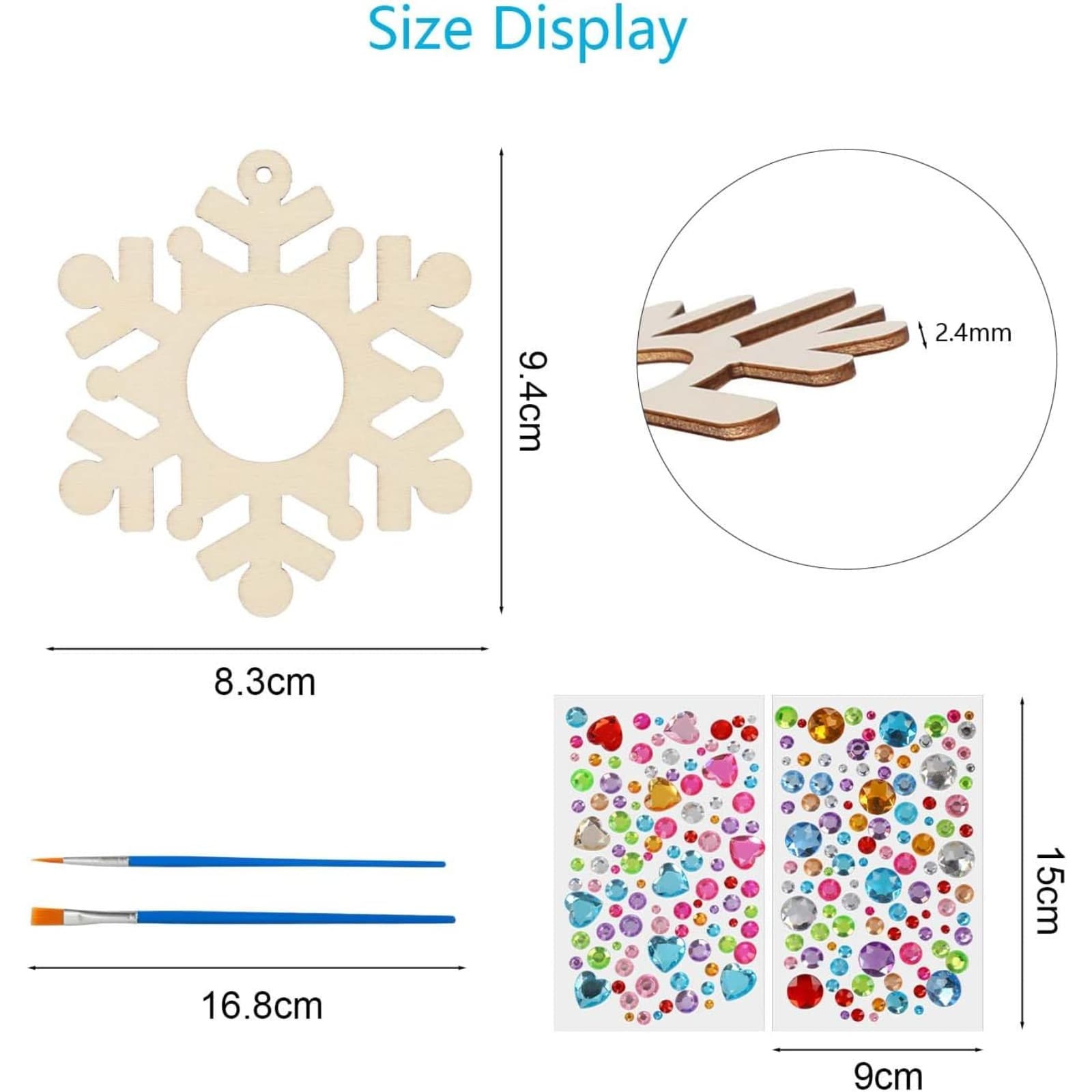 Kit de bricolage de 16 pièces pour cadres photo en bois en forme de flocon de neige, comprend 12 cadres, strass, sisal et pinceaux—Party Sup