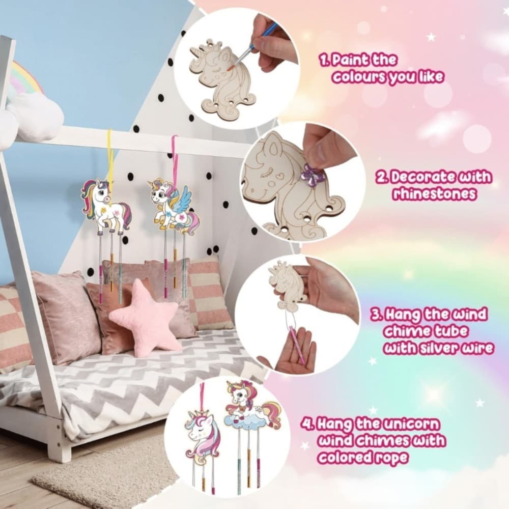Kit de manualidades de unicornio con 9 azulejos de madera, pinceles, pedrería y materiales decorativos para actividades grupales