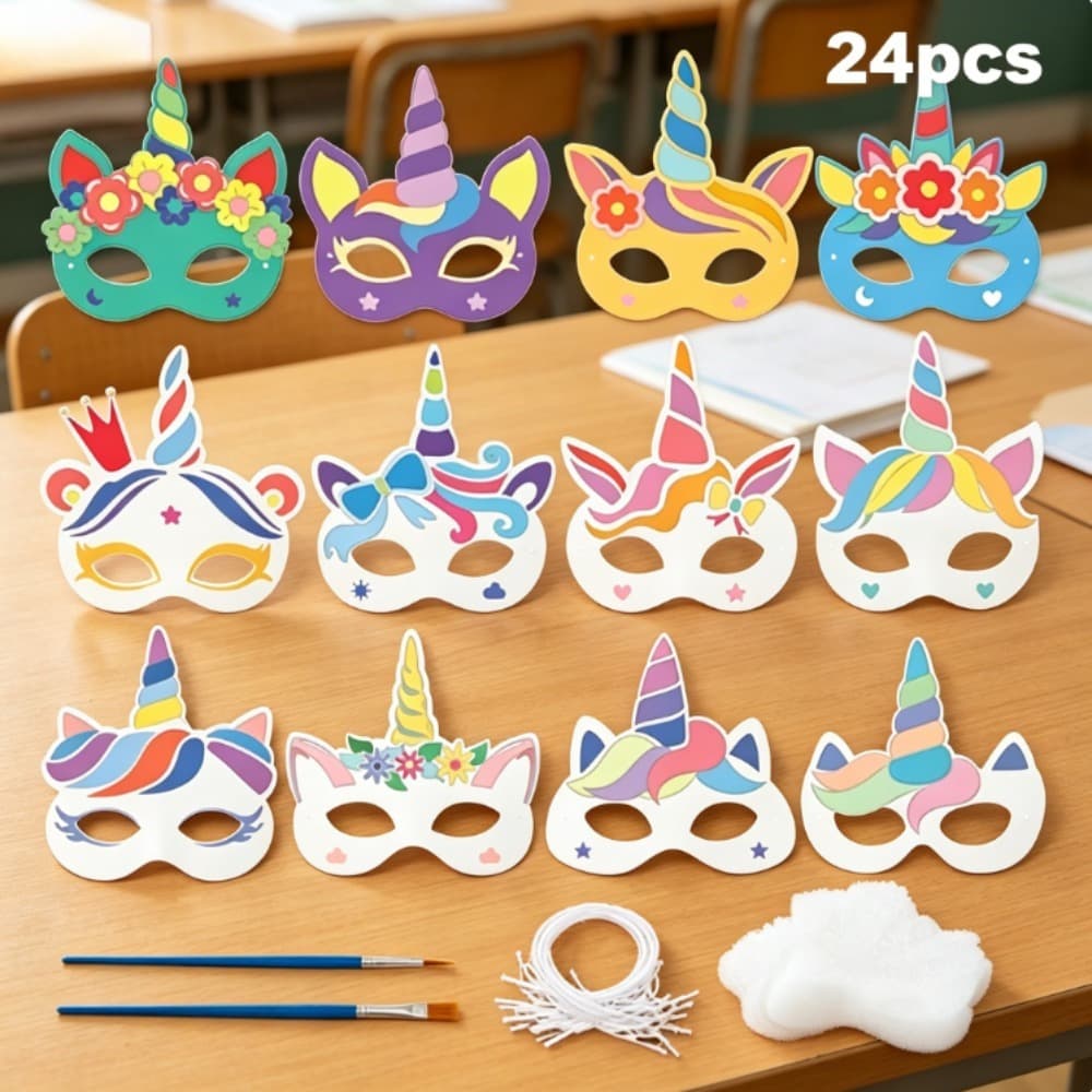 Kit masques licorne DIY avec pinceaux et cordons
