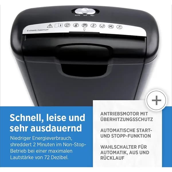 Aktenvernichter mit Streifenschnitt für 6 Blätter und 10 Liter