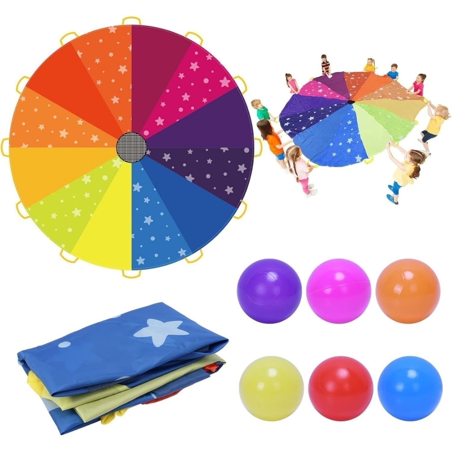 Drap de balançoire arc-en-ciel, parachute coloré de 2,4 m avec 12 balles et 12 poignées—Jeu de parachute, jeu de mouvement coopératif, Spo