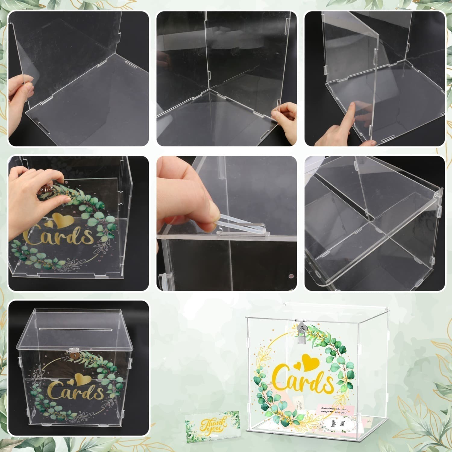 Transparente Acrylbox mit Blattdekor für Karten