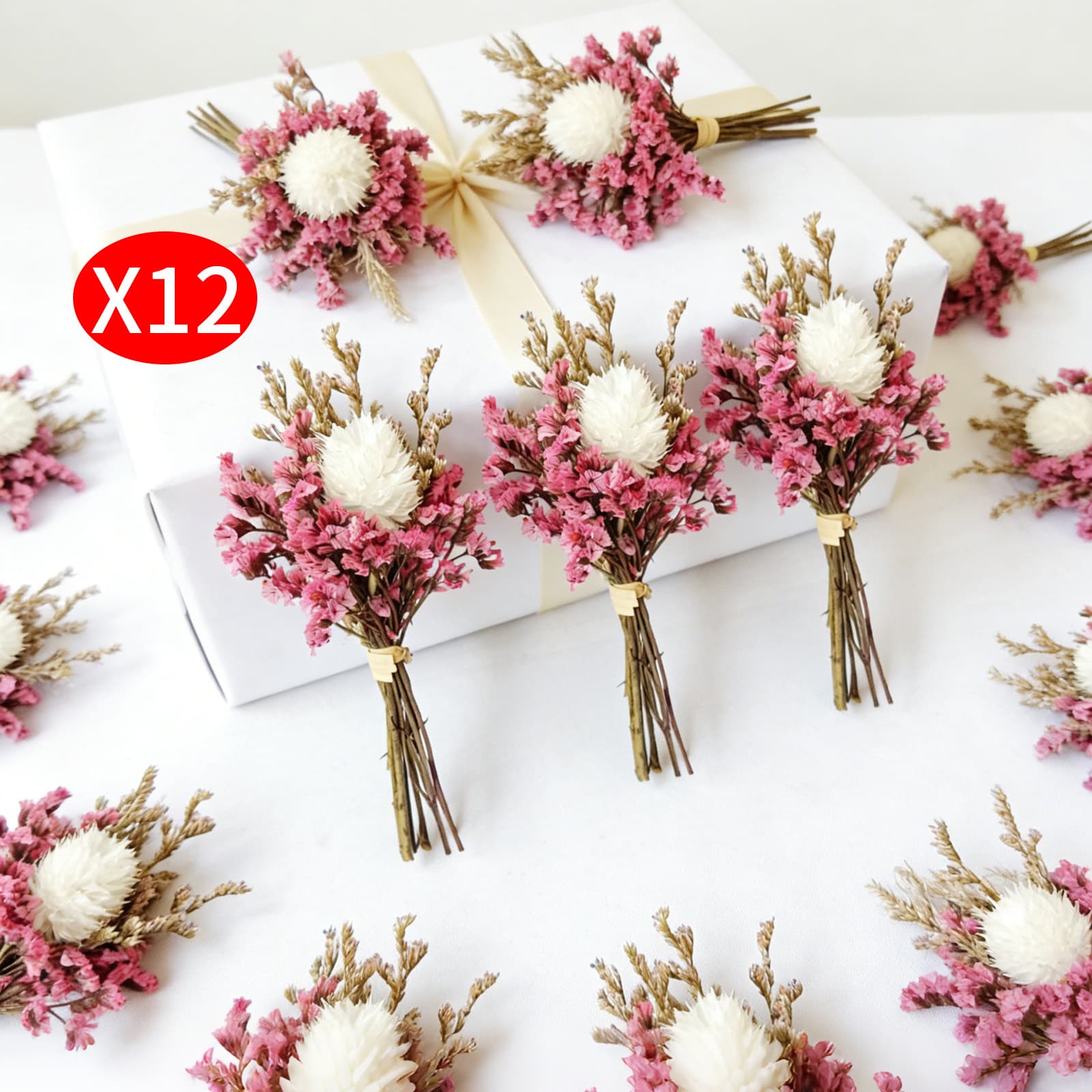 Mini Trockenblumen-Set, 12 Kristall-Strohblumen & Liebesgras