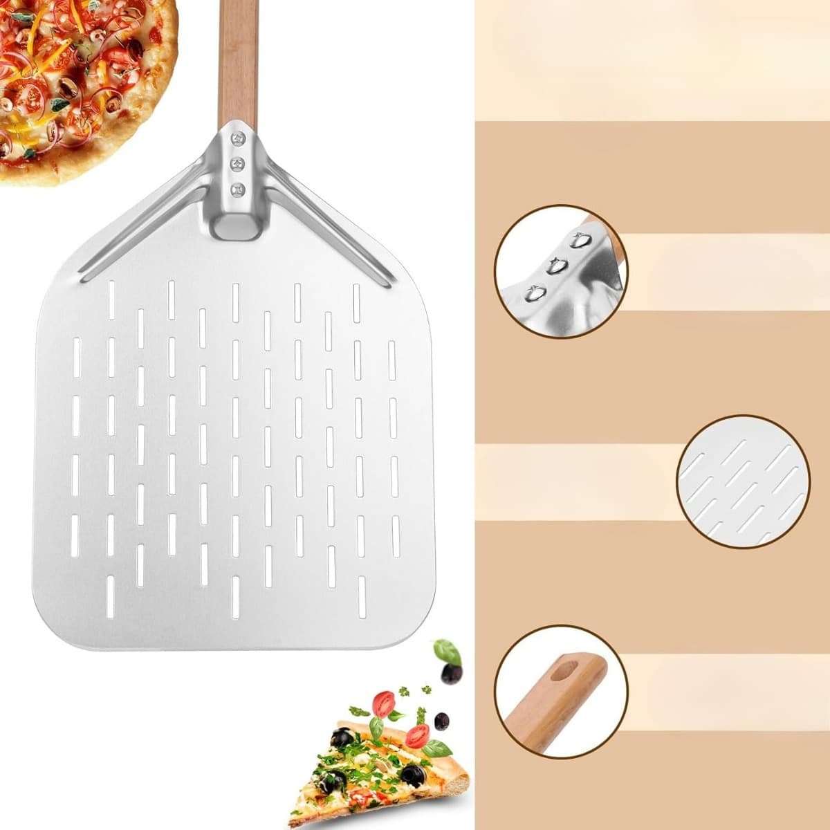 Pelle à pizza inox perforée manche bois 74 cm
