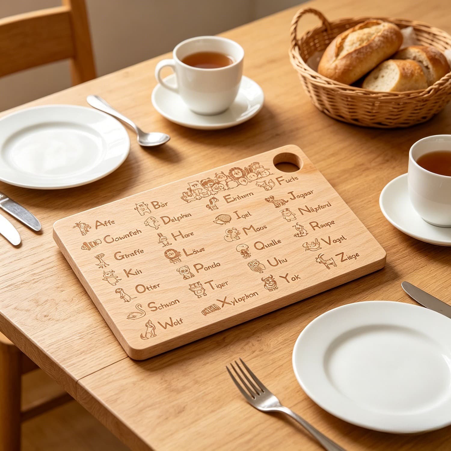 Planche petit-déj bois alphabet gravé set lettres