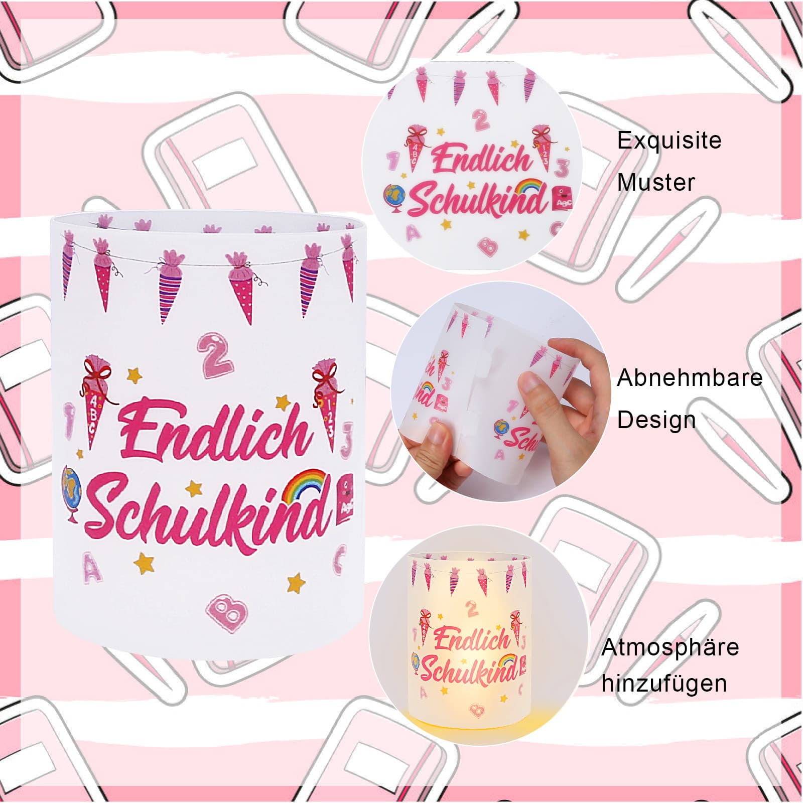 12er-Set rosa Kerzen-Lampenschirme für Einschulungsfeier und Party