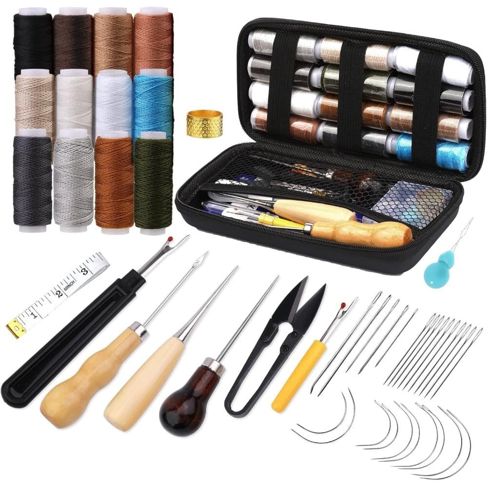 Kit cucito pelle con 25 aghi, strumento e custodia