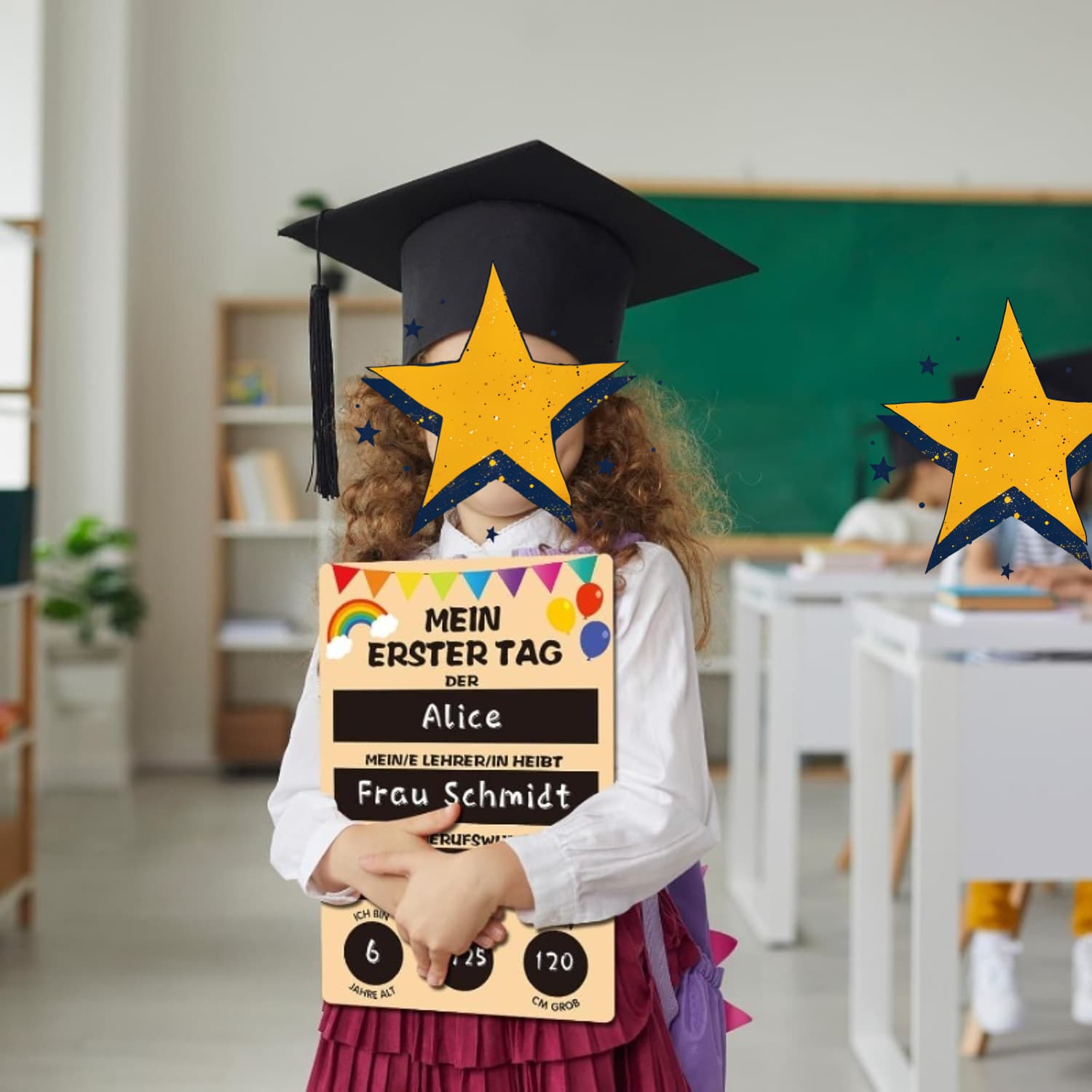 Holzschild Erster Schultag mit Schwamm Deko