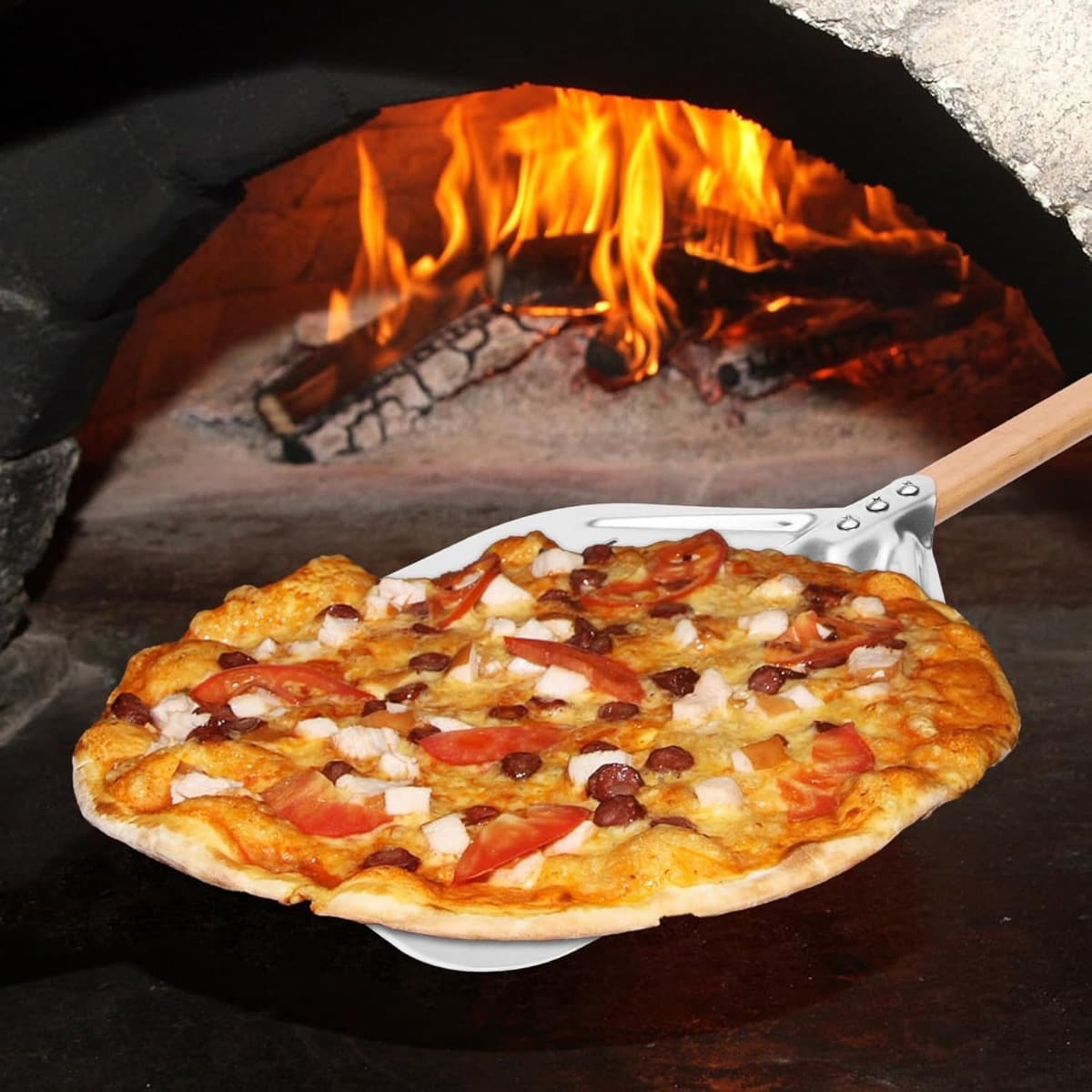 Stainless steel pizza peel with wooden handle, 74 cm
