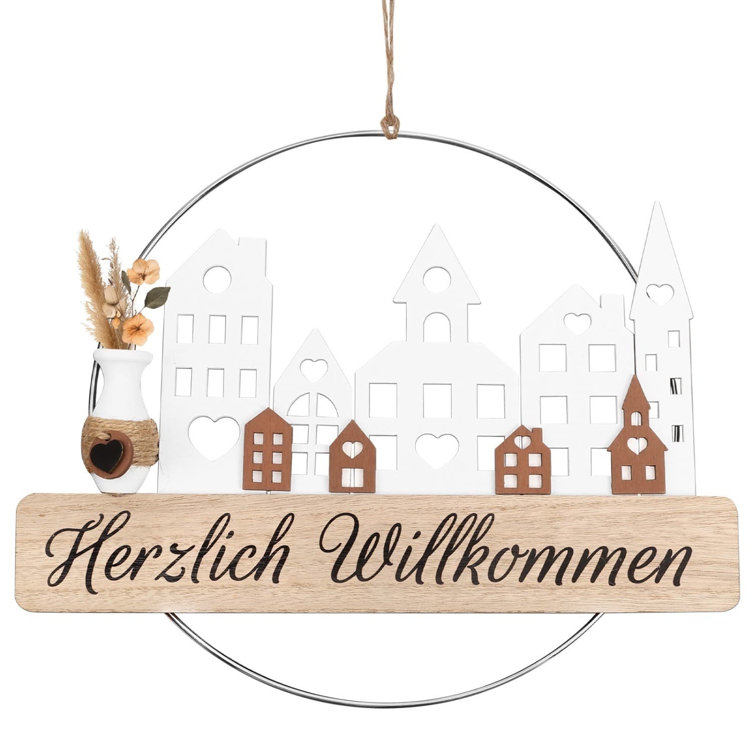 Getrockneter Blumenkranz mit Willkommensschild, Ø28 cm