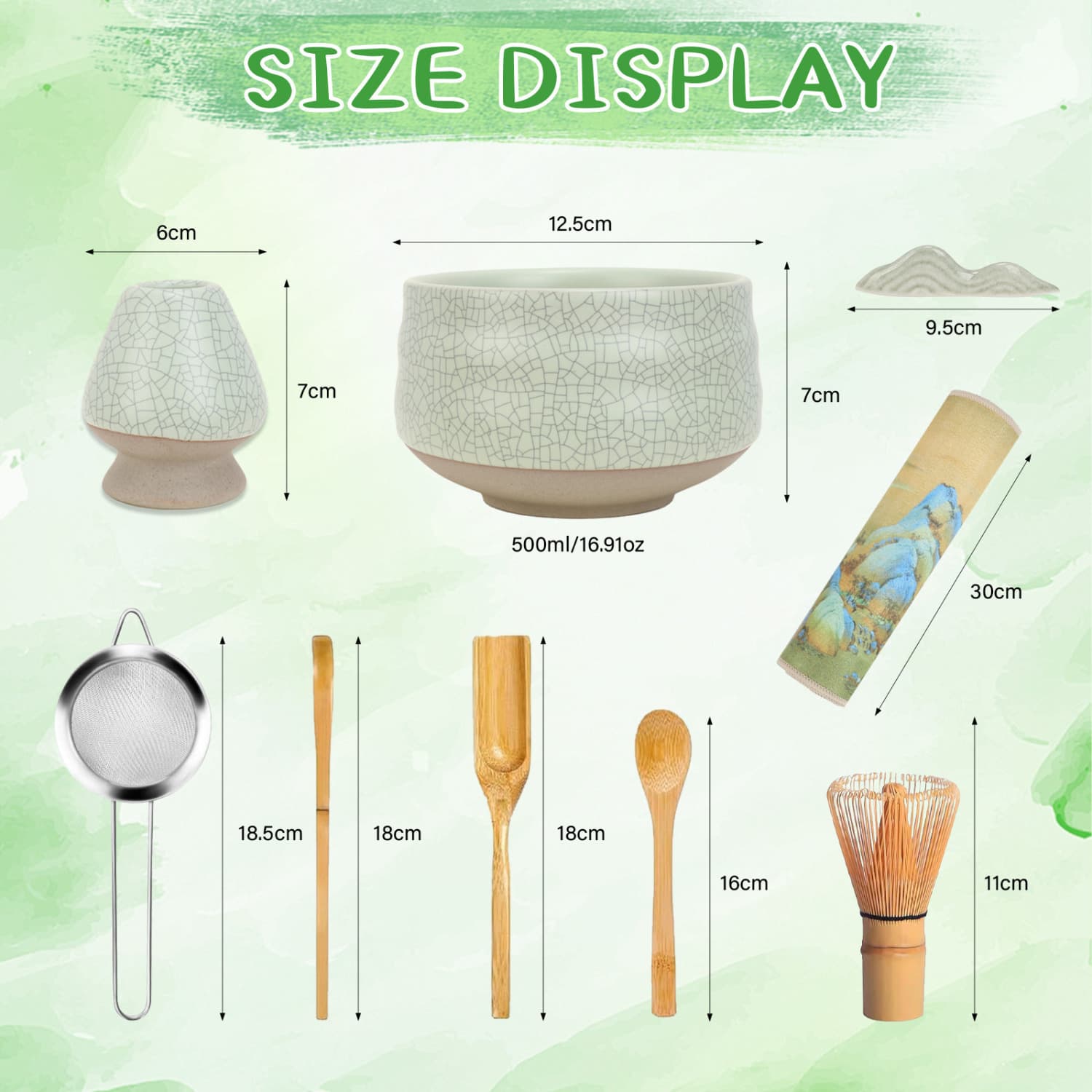 Matcha Set with 9 Pieces, Green Glass Effect