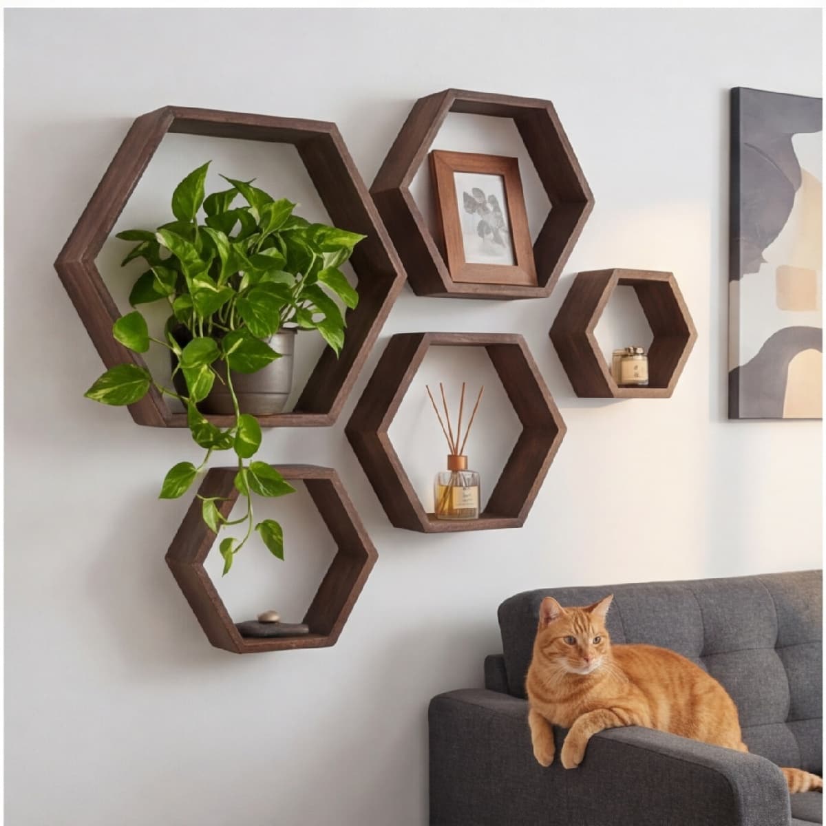 Hexagonale Wandregale aus Holz, 5-teiliges Set