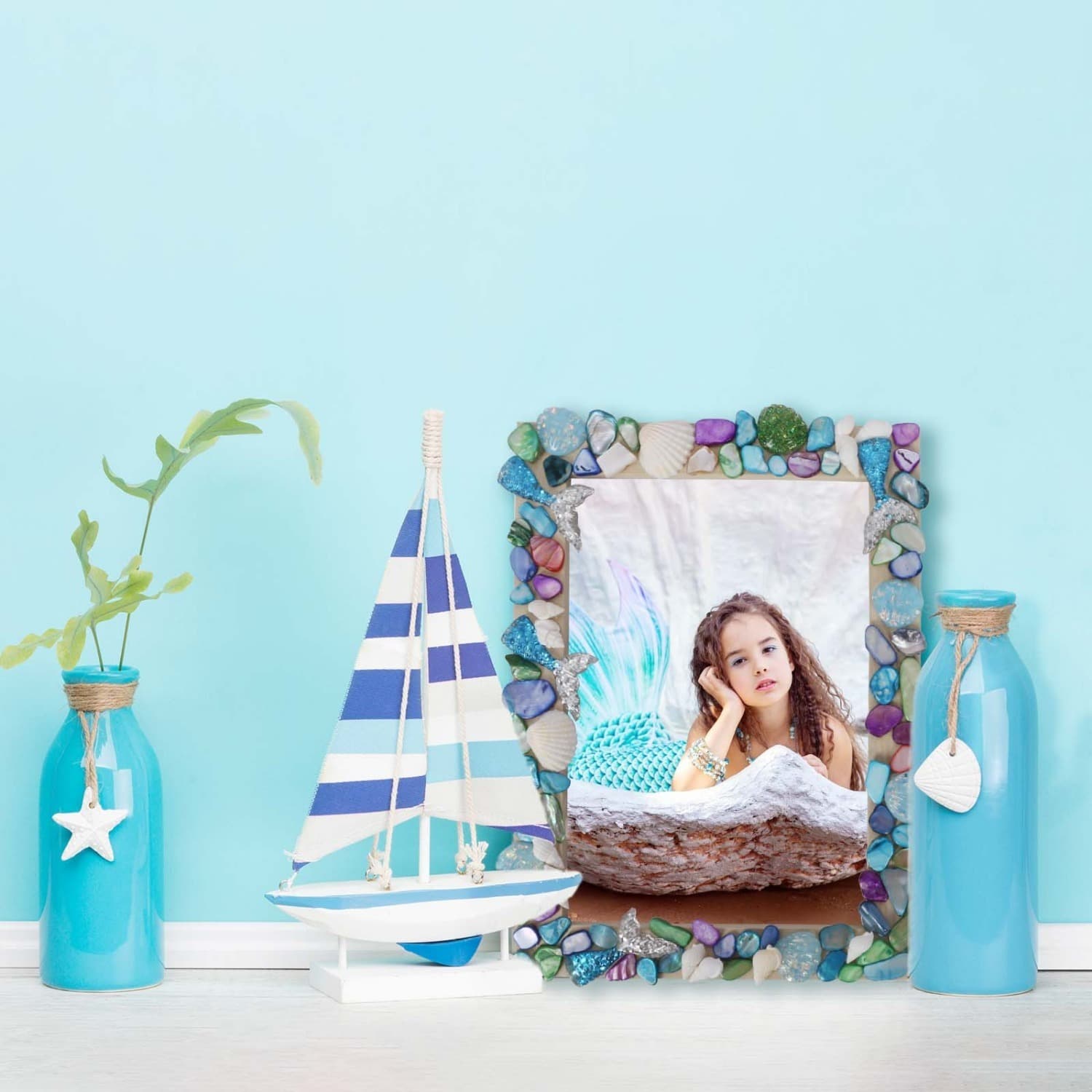 Ocean Mosaic Photo Frame Craft Kit, Mermaid Photo Frame Mosaic Set, DIY Mosaic Frame Craft With Mermaid Tail And Seashel