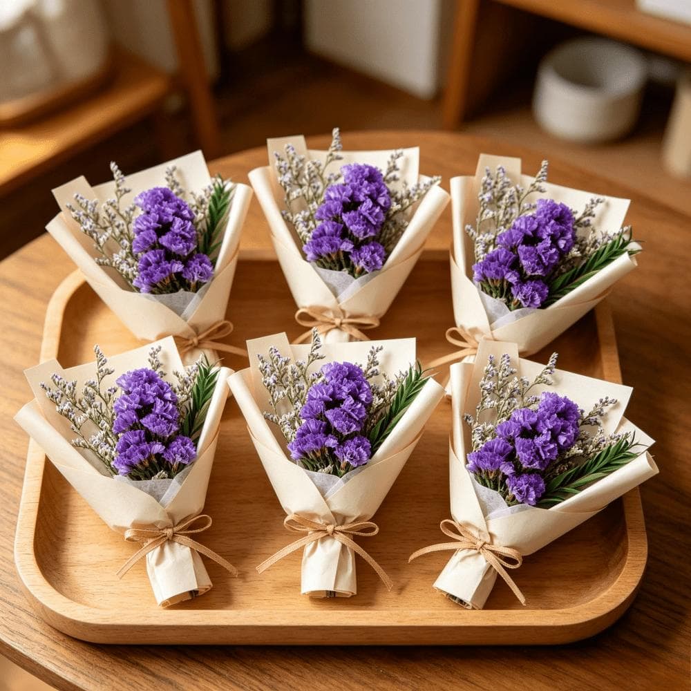 Set aus 6 getrockneten Mini-Blumensträußen Lila mit Vergissmeinnicht
