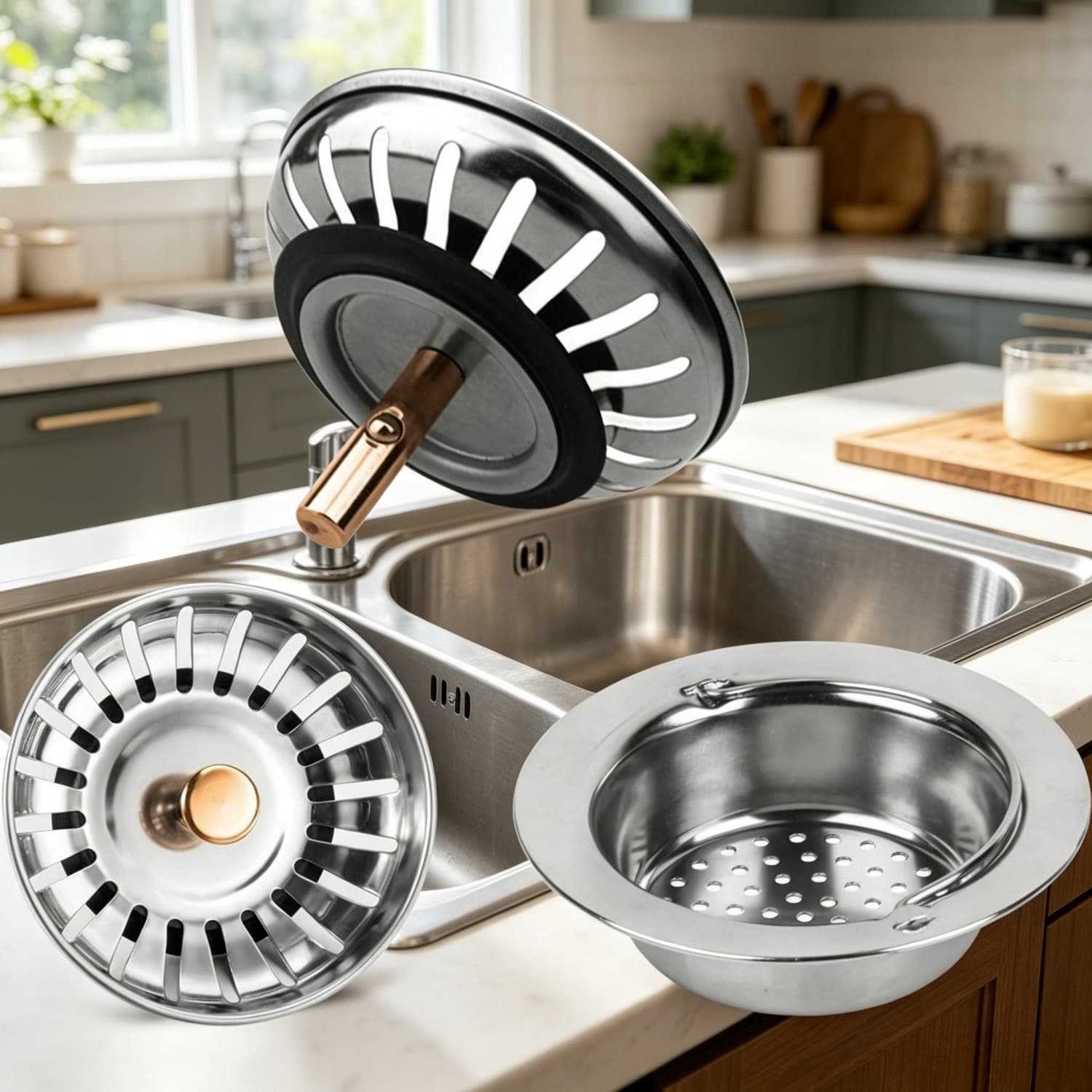 3-Piece Set: 2 Stainless Steel Strainer Plugs and 1 Sink Basket