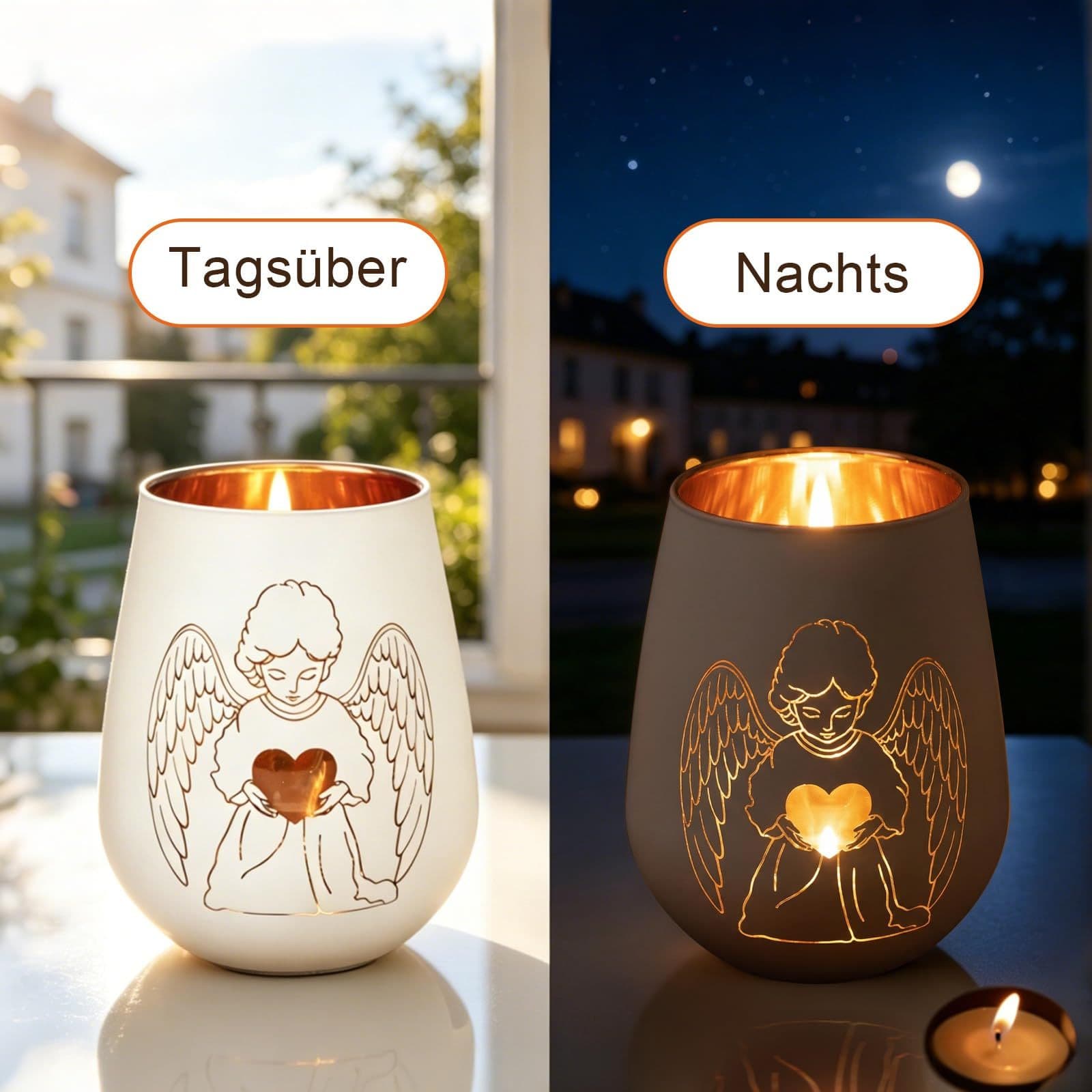 Weißer Teelichthalter mit Schutzengel-Motiv aus Glas