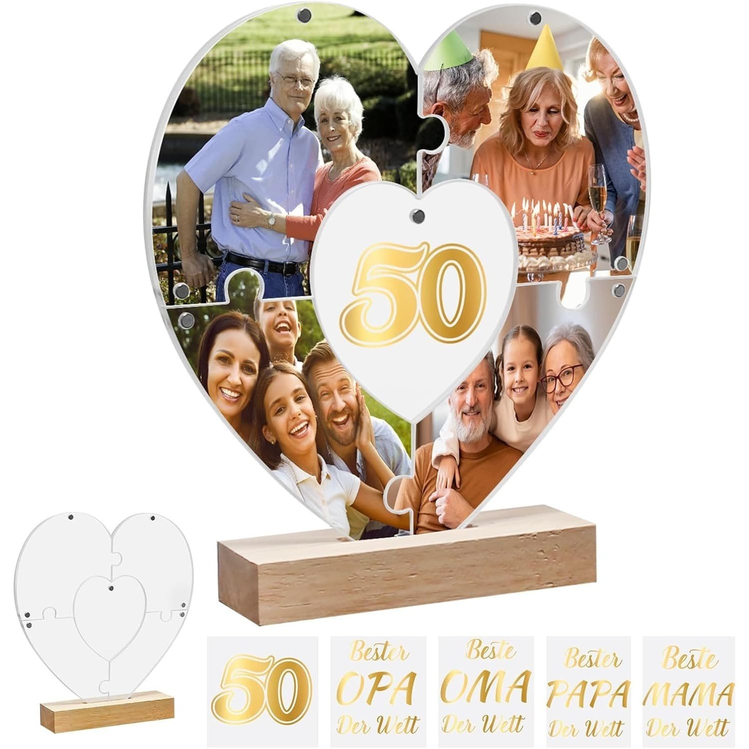 Acryl Herz-Magnet-Fotorahmen Set mit Holzständer, 3-teilig