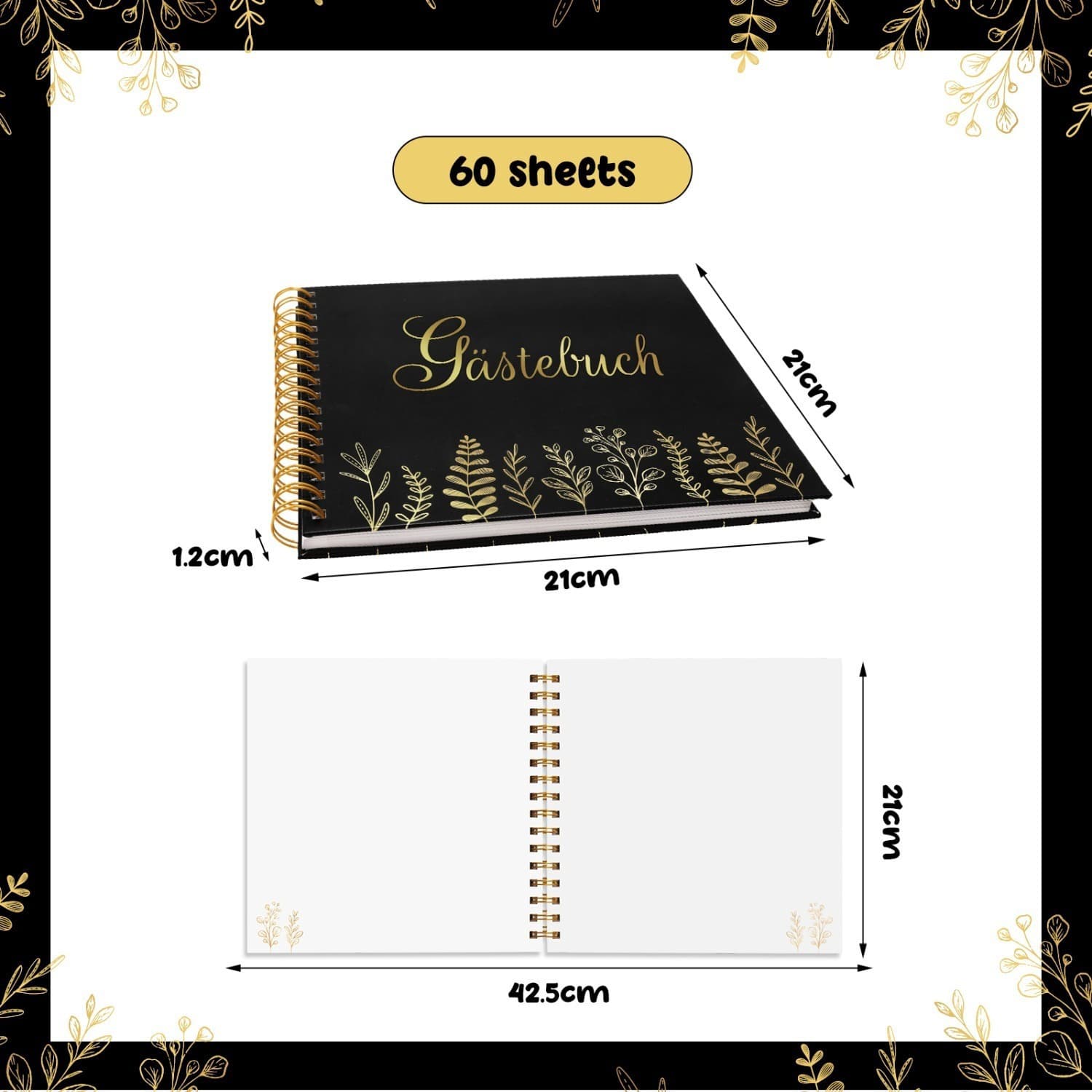 Schwarz-goldenes Gästebuch mit Eukalyptus, 42,5 x 21 cm