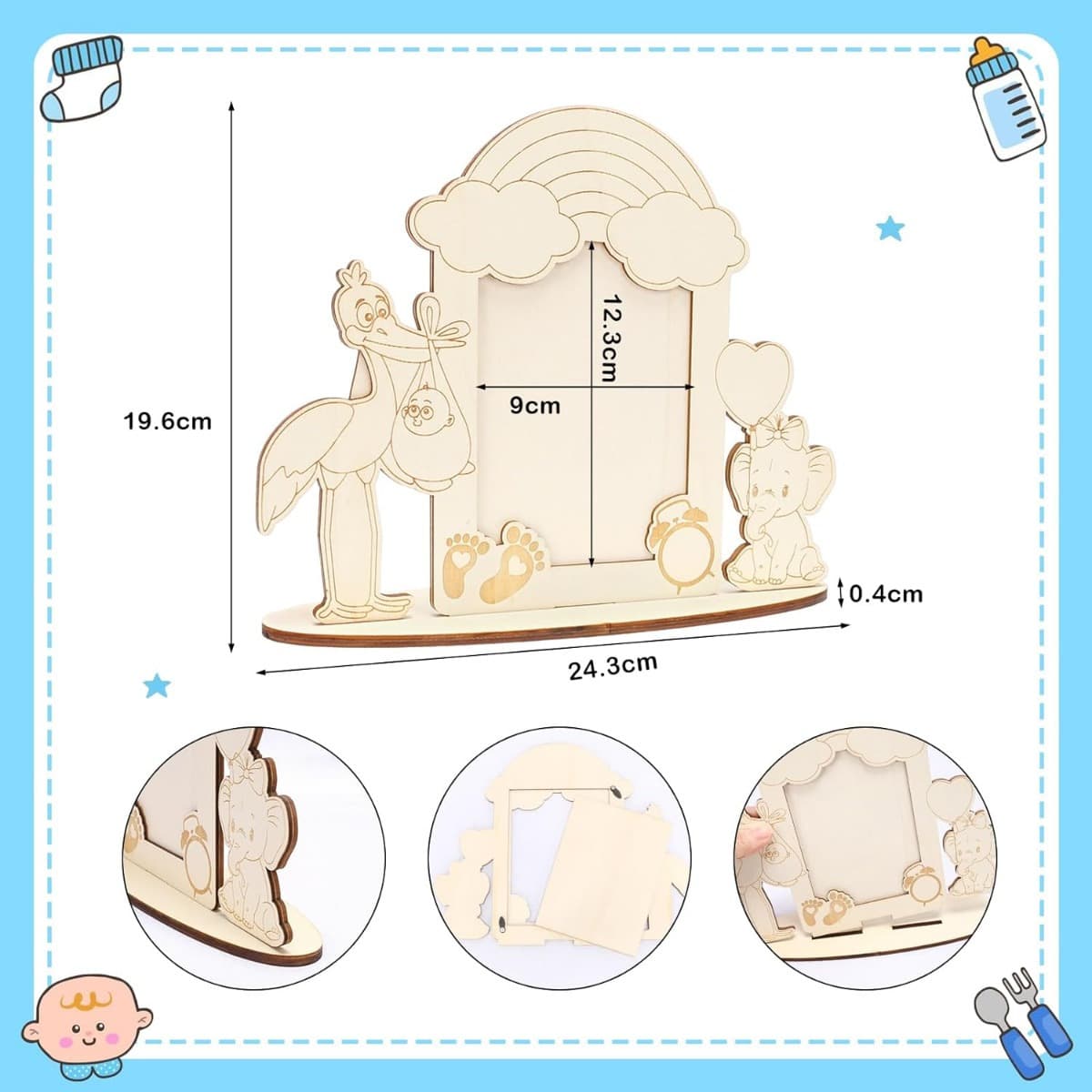 Holzbilderrahmen mit Storchenmotiv für Babyparty und Geburt