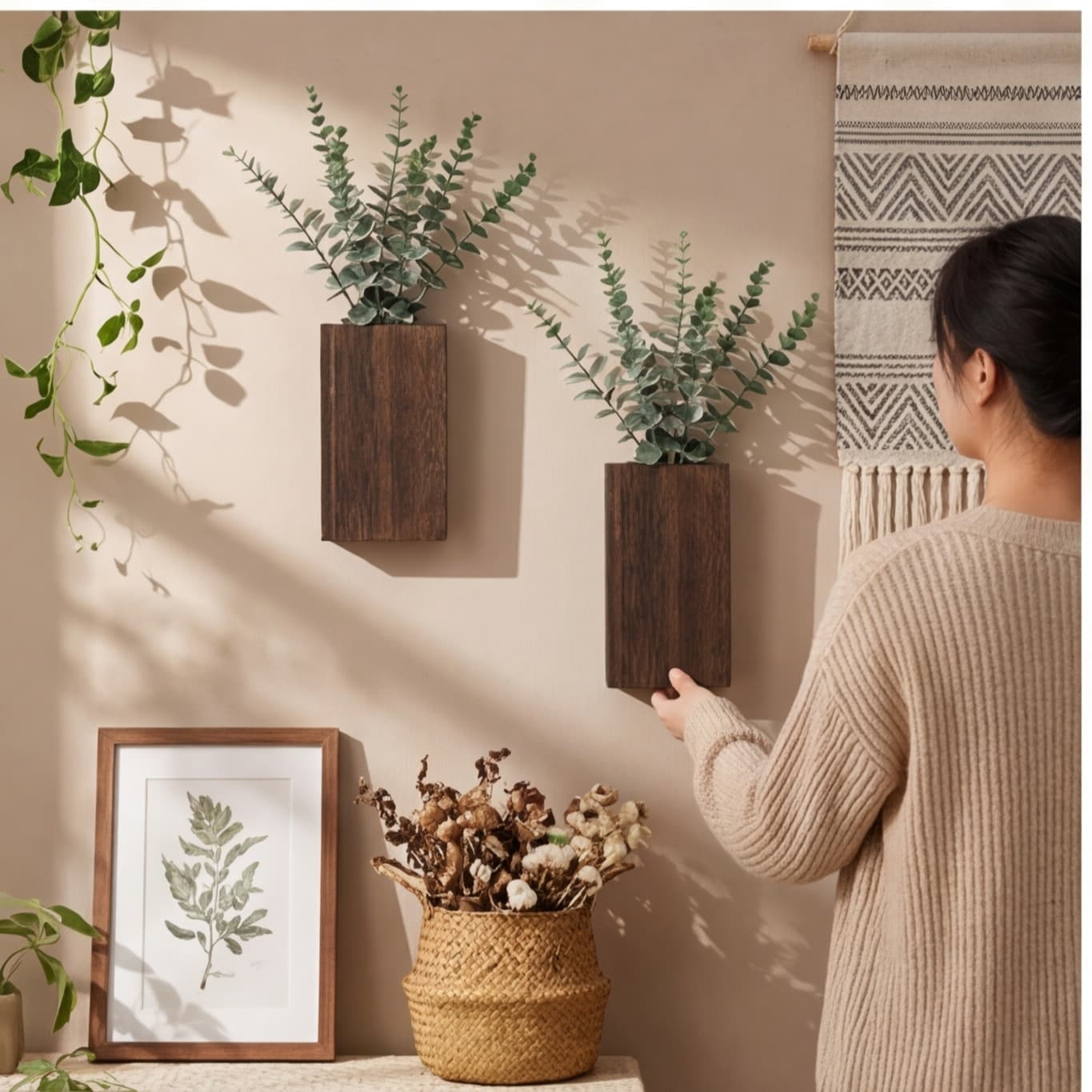 Wanddeko-Set mit 2 Holzvasen und Eukalyptuszweigen