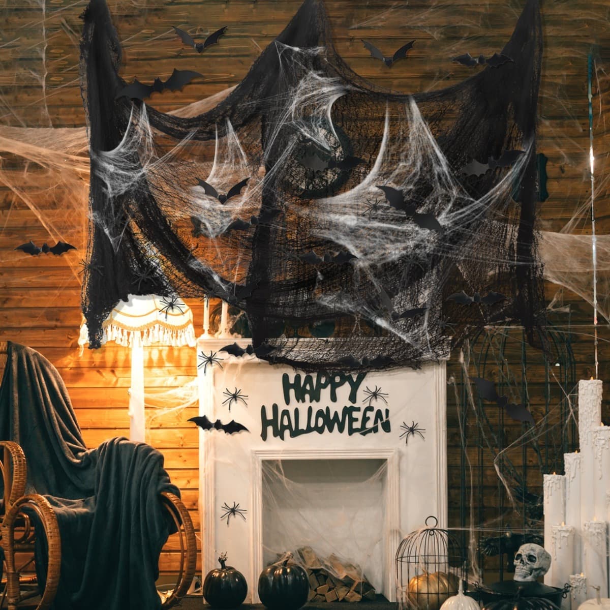 Halloween Deko Set mit Spinnennetz und Gruselstoff
